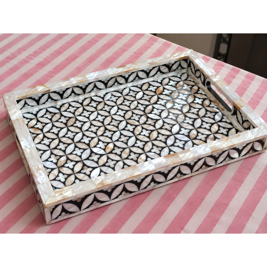 Black and white Mother of Pearl inlay rectangular serving tray with geometric floral pattern and side handles