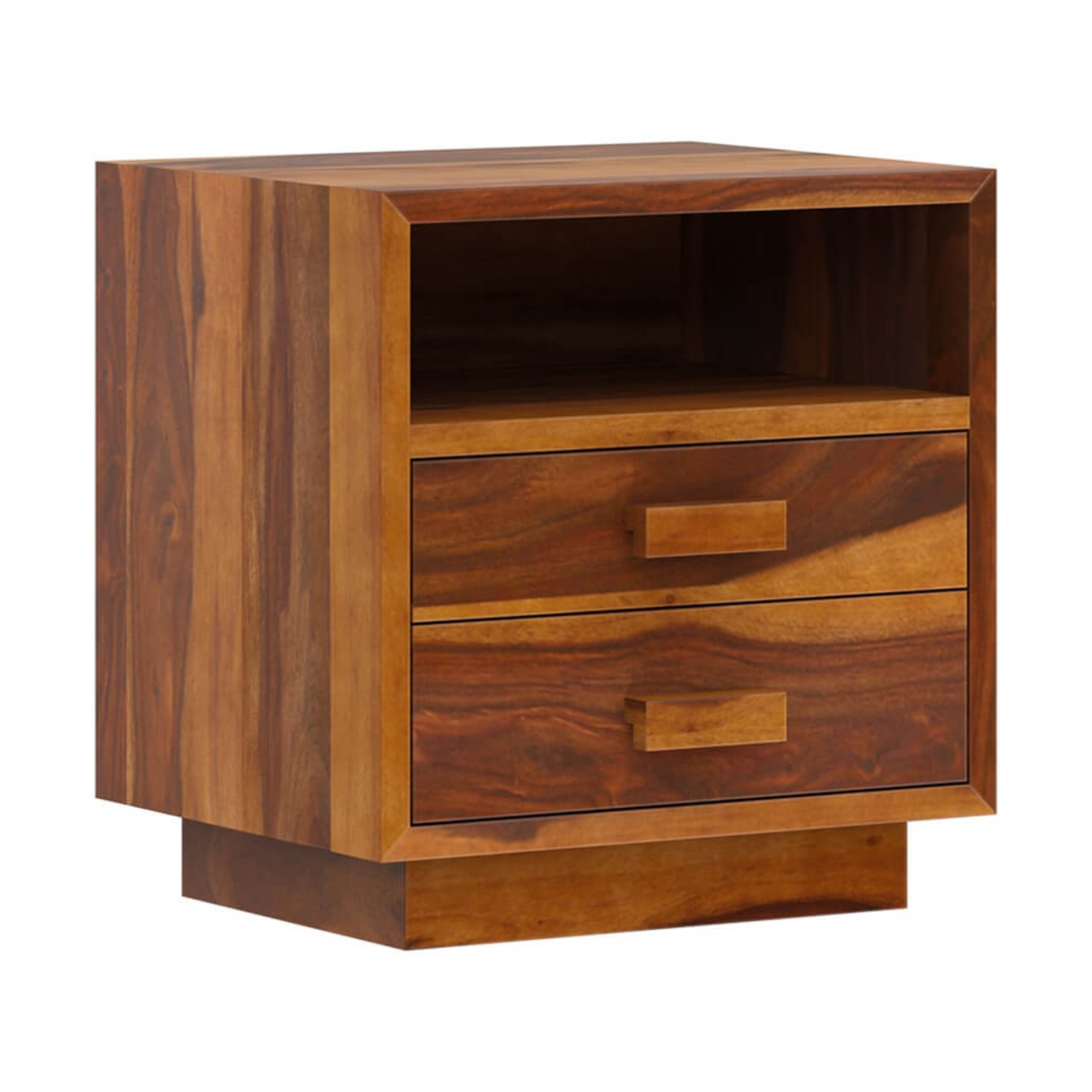 Modern Solid Wood Bedside Table with 2 Drawers & Open Shelf | Rustic Handmade Wooden Nightstand for Bedroom & Living Room
