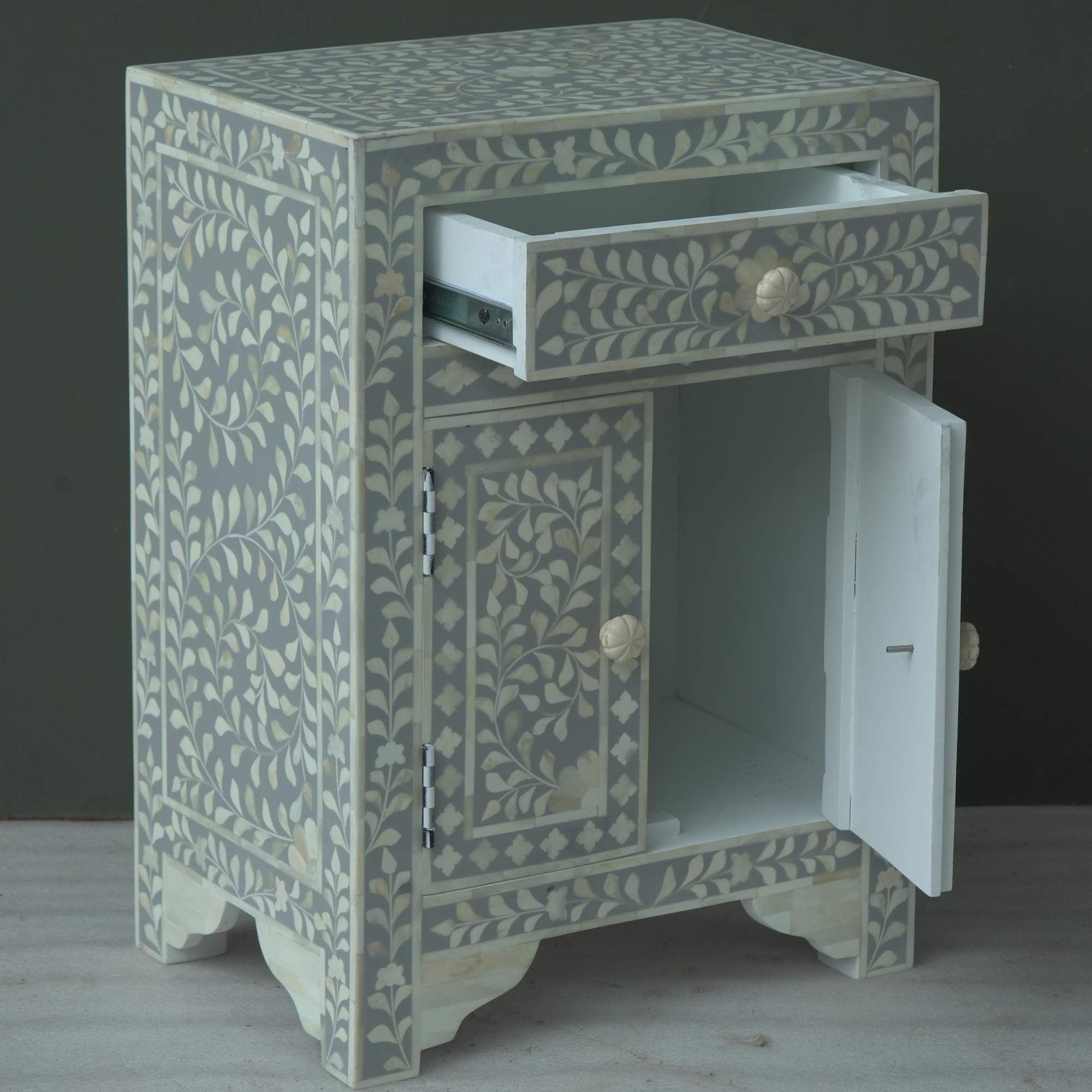 Handmade Bone Inlay Floral Bedside Table Grey White – Drawer & Cabinet Nightstand Luxury Furniture