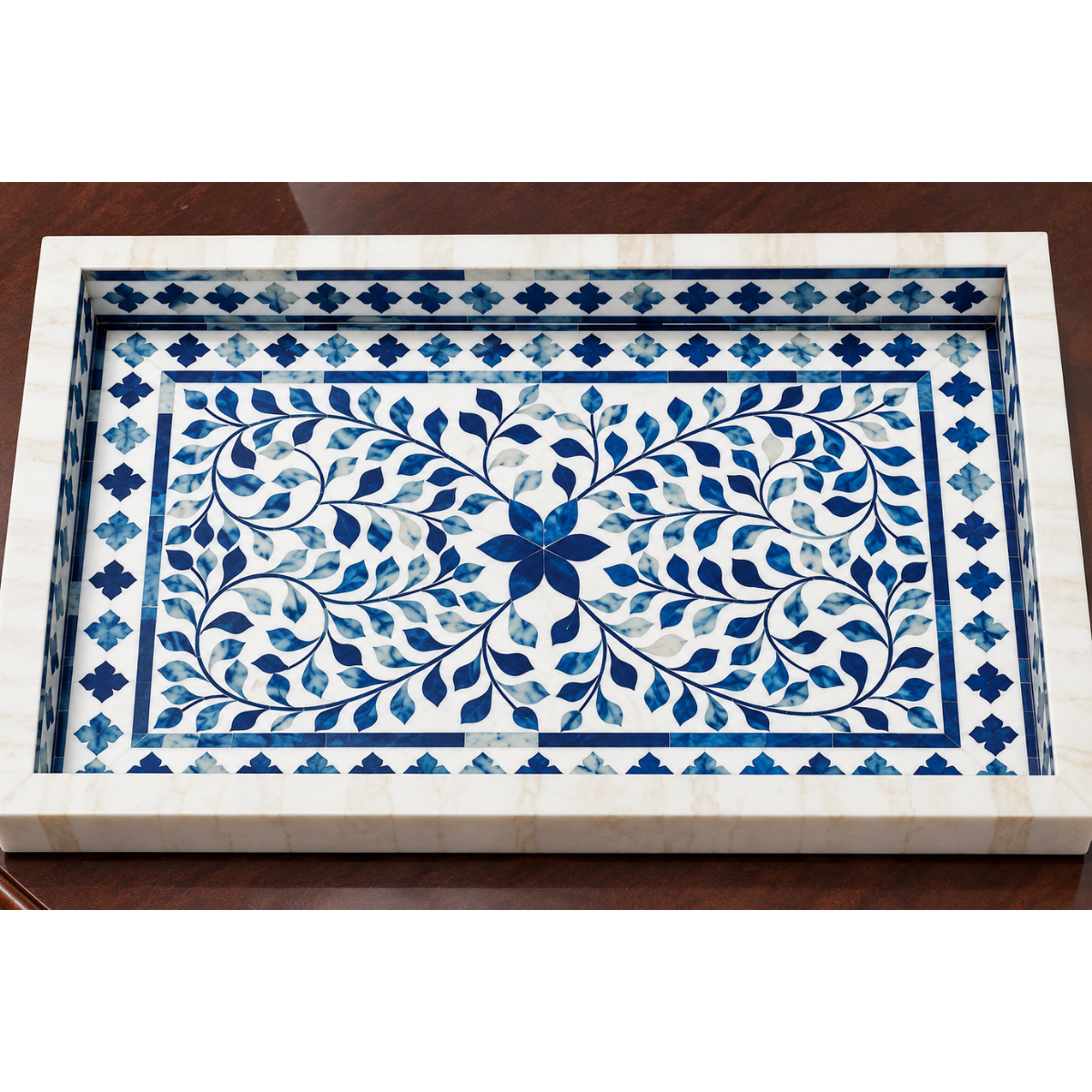 Handmade Blue & White Bone Inlay Serving Tray – Floral Leaf Design
