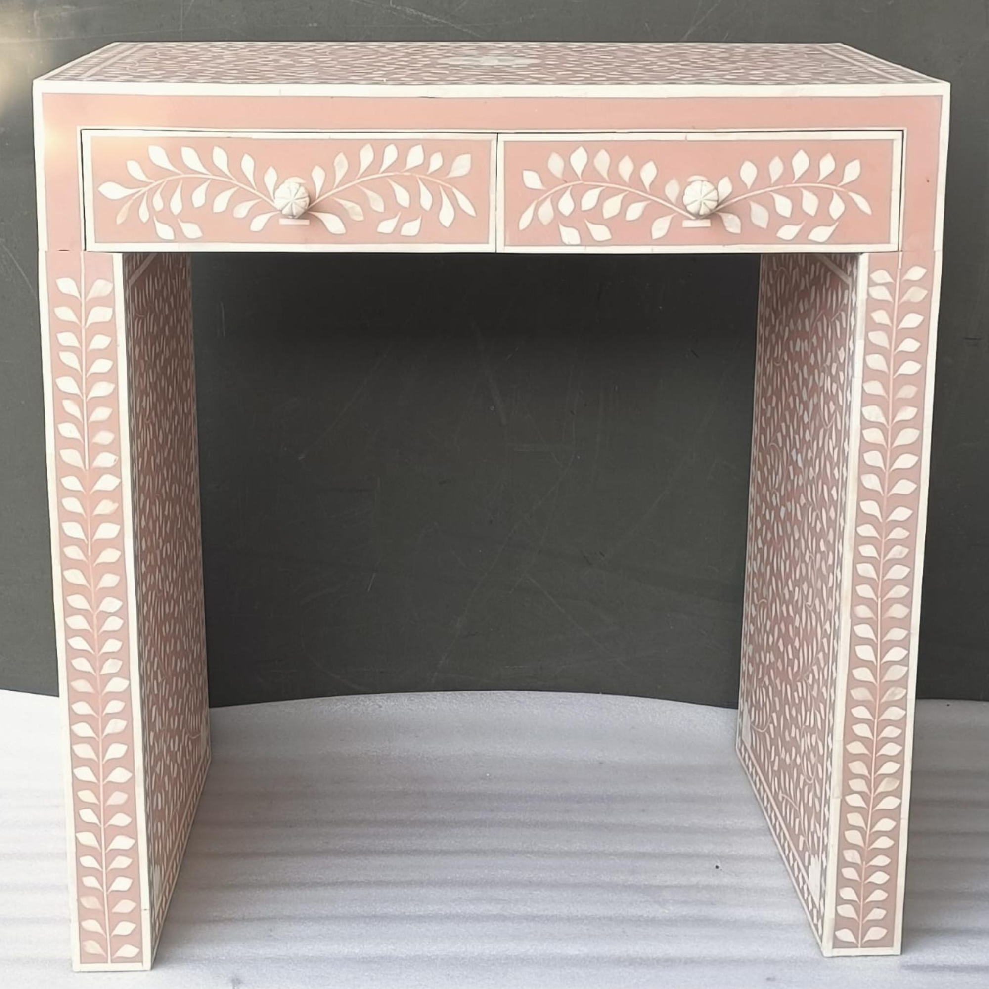 Handmade Bone Inlay Floral Console Table – Peach White Entryway Table, Luxury Hallway Table, Artisan Inlay Furniture