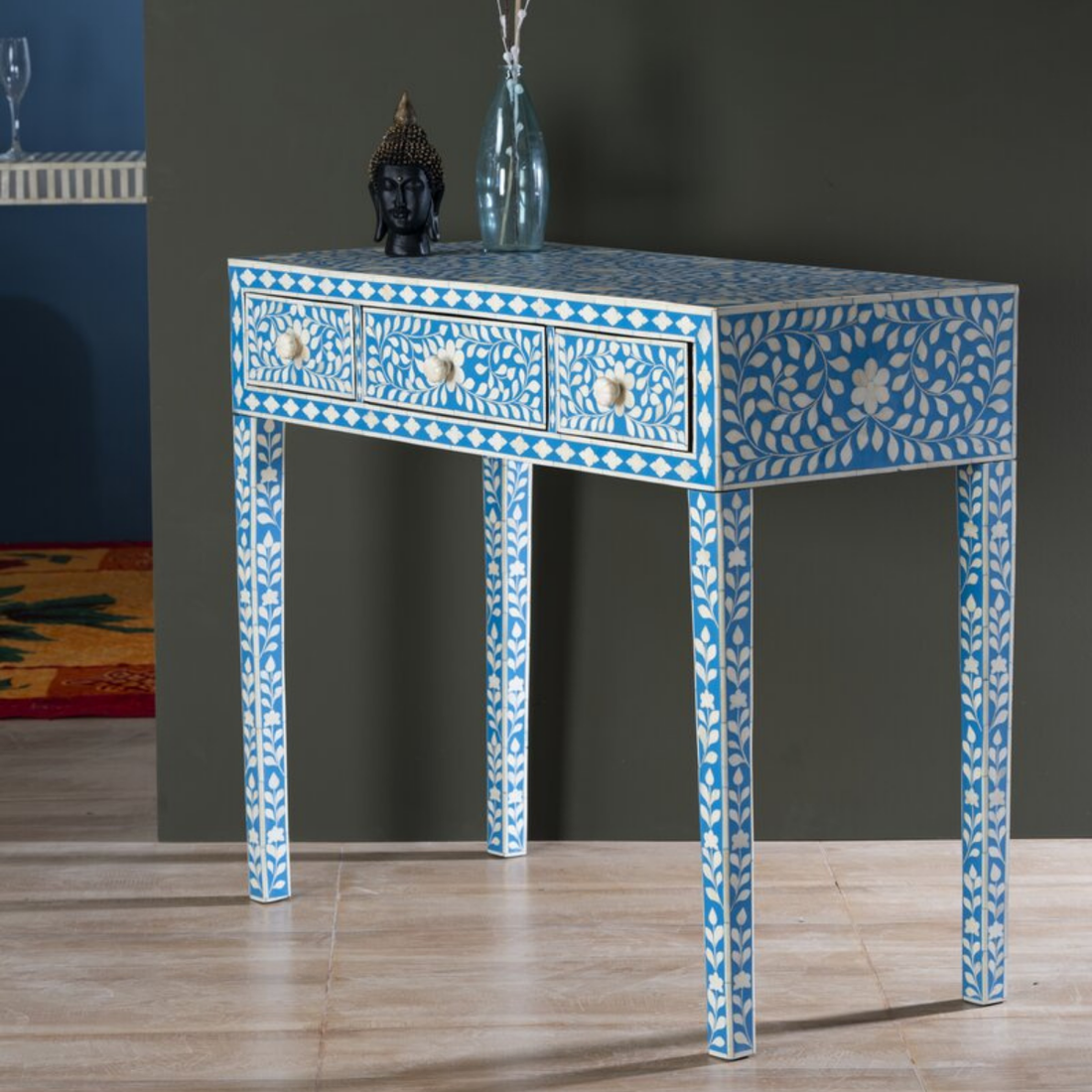 Blue Bone Inlay Console Table with 3 Drawers | Handmade Floral Entryway Console