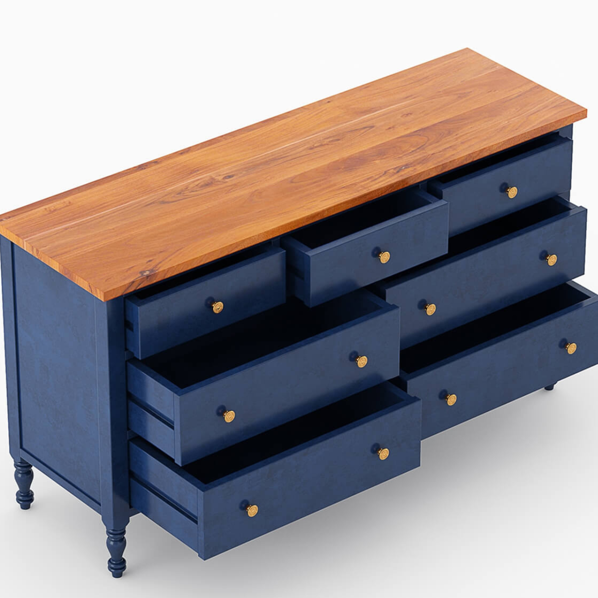 Blue Solid Wood 7 Drawer Dresser, Handmade Wooden Sideboard, Two Tone Storage Cabinet, Luxury Bedroom Furniture, Modern Classic Console
