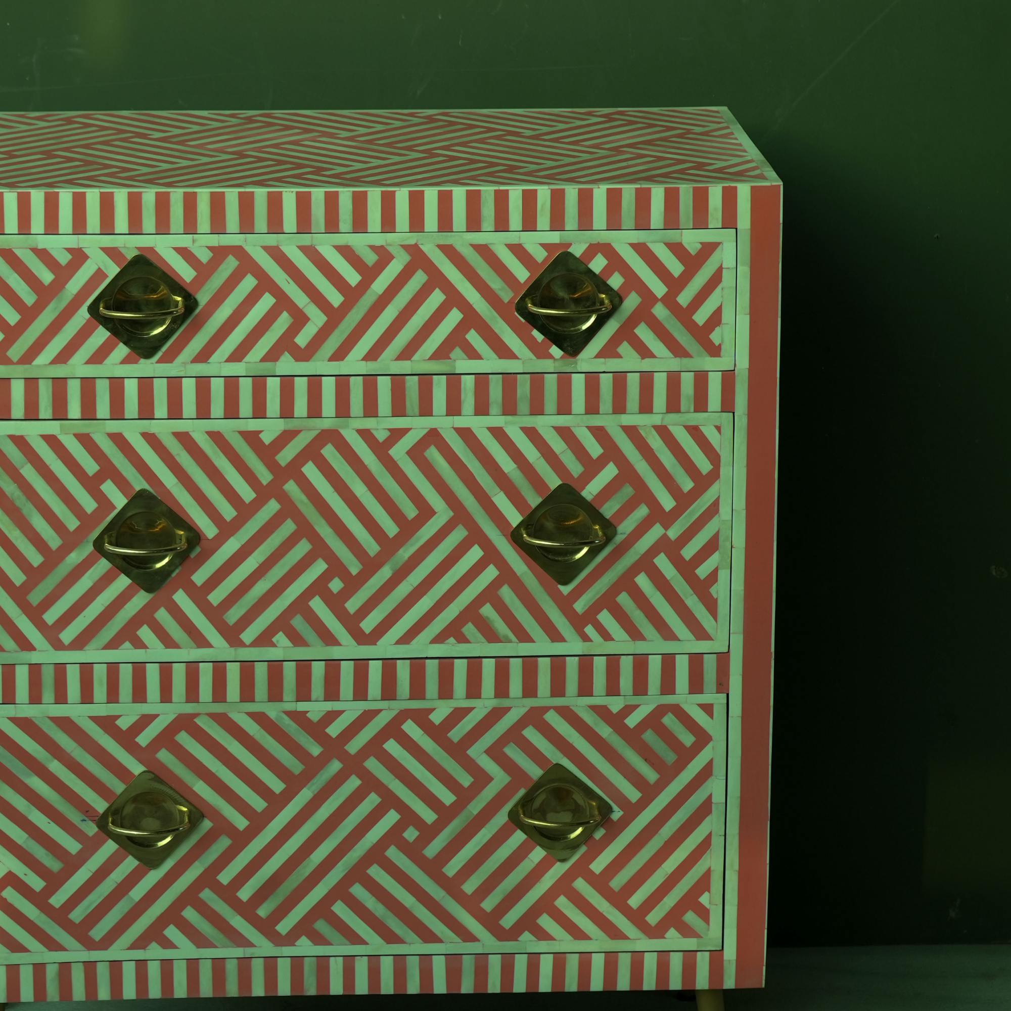 Handmade Pink Bone Inlay Chest of Drawers | Geometric 3 Drawer Dresser