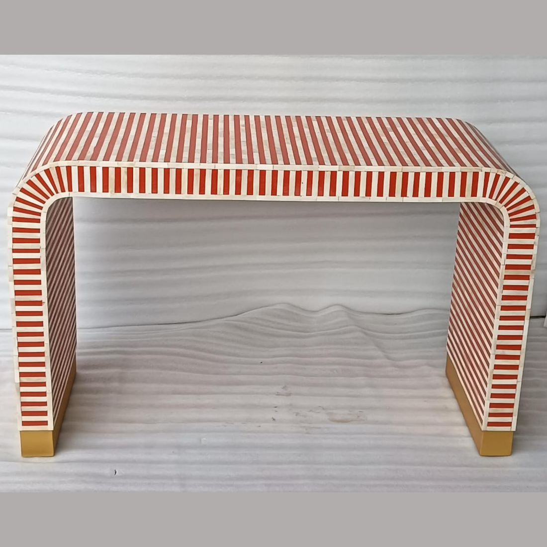 Orange Striped Bone Inlay Waterfall Console Table | Handmade Modern Entryway Console