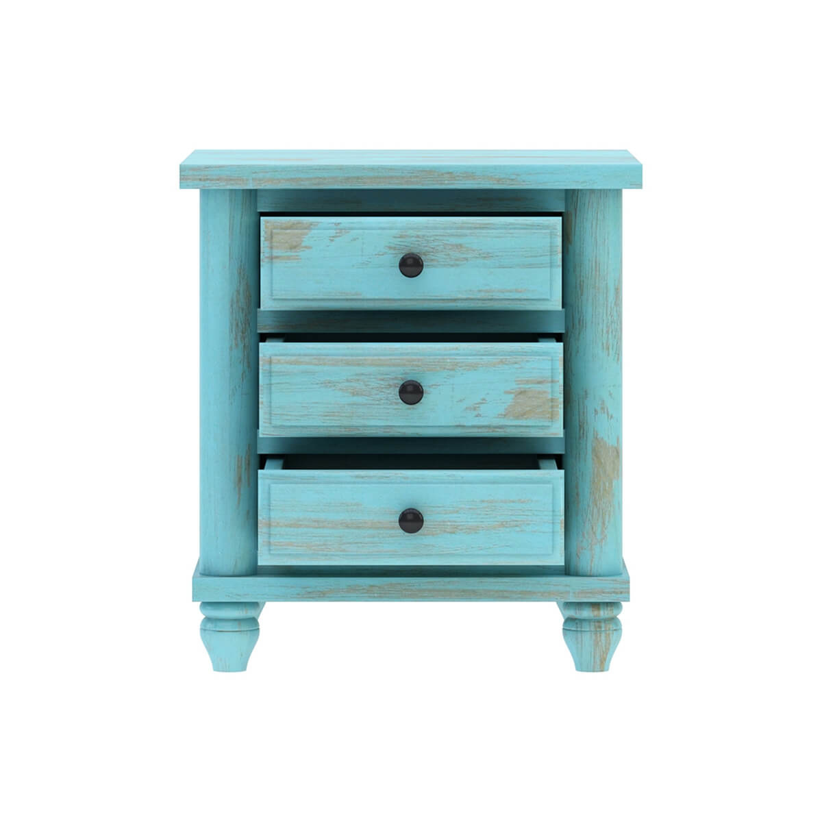 Distressed Turquoise Bedside Table with 3 Drawers | Vintage Wooden Nightstand | Rustic Farmhouse Side Table