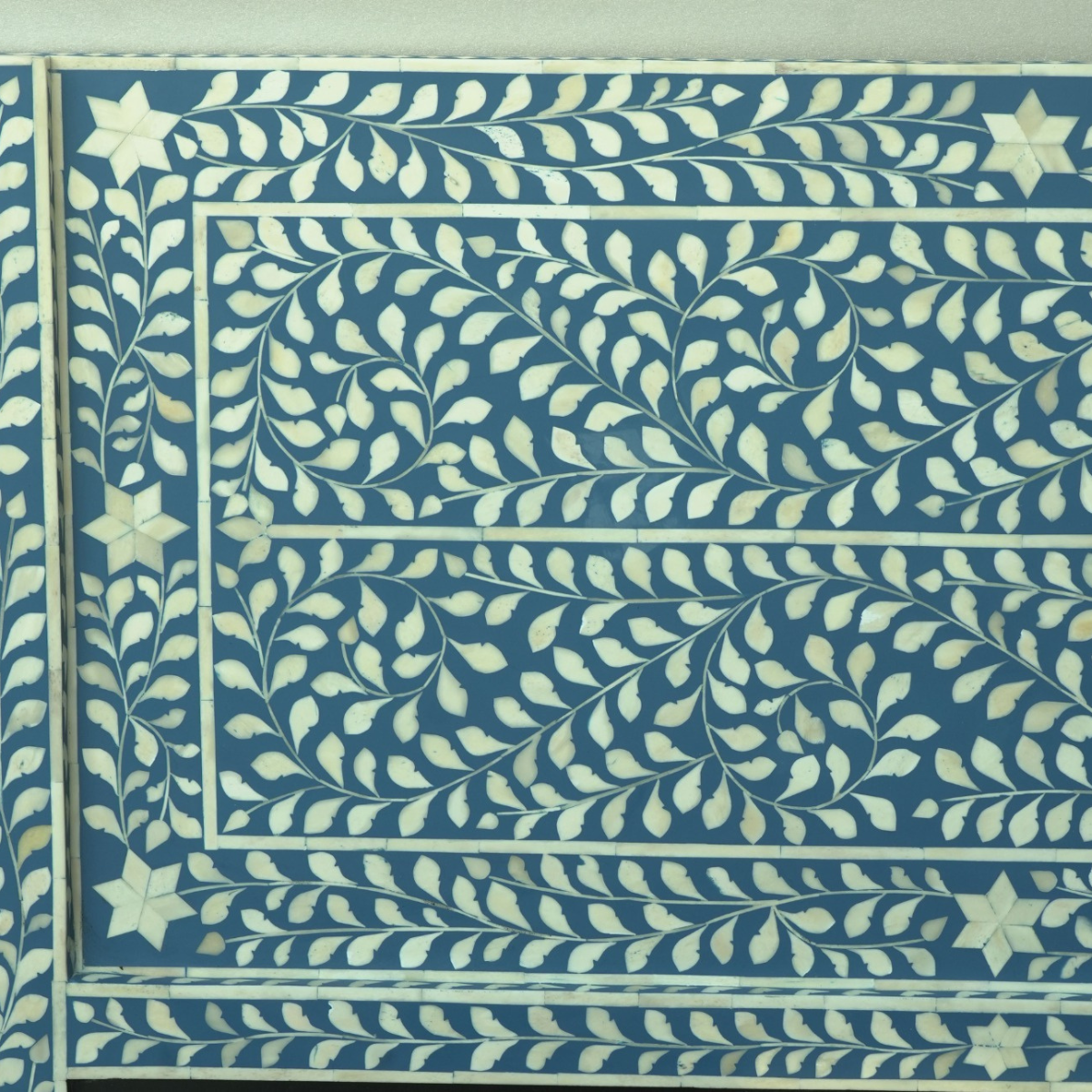 Handmade Blue & White Bone Inlay Bed – Floral Vine Platform Bed Frame