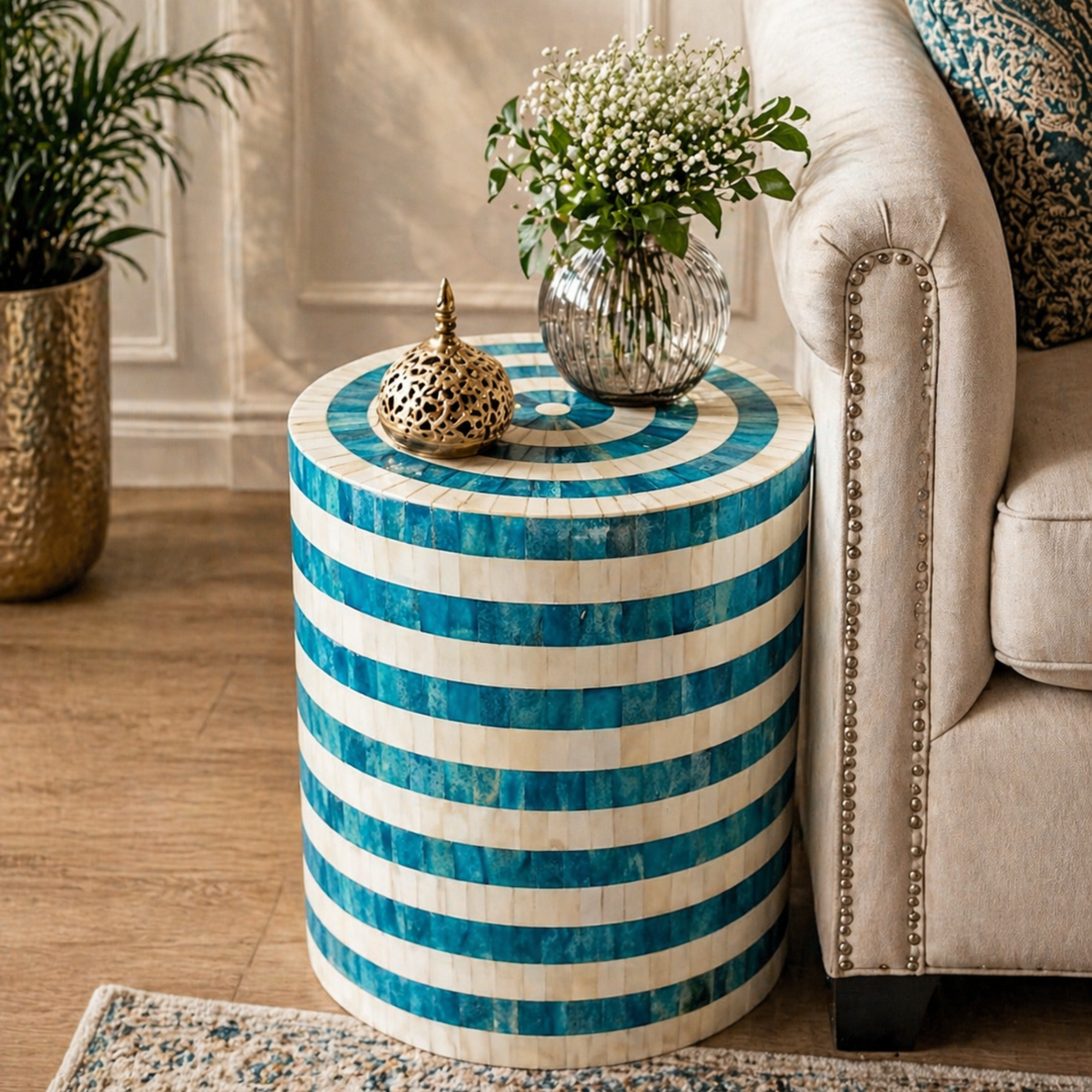 Handmade Bone Inlay End Table – Blue White Striped Side Table, Round Accent Table, Luxury Inlay Furniture, Modern Living Room Decor