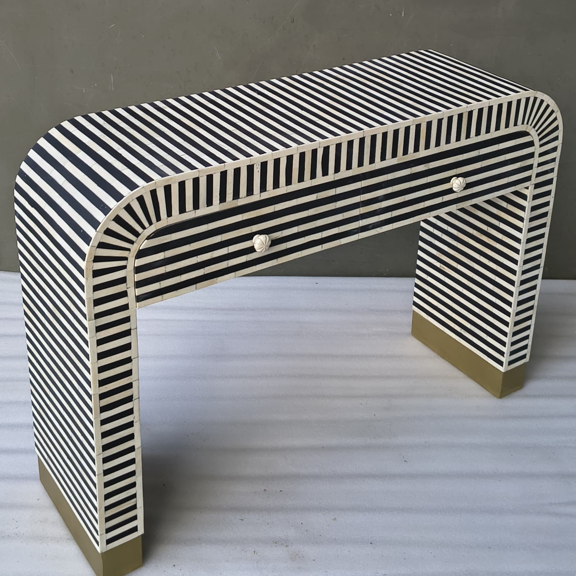 Handmade Bone Inlay Console Table – Black White Striped Entryway Table with Drawers, Modern Hallway Furniture