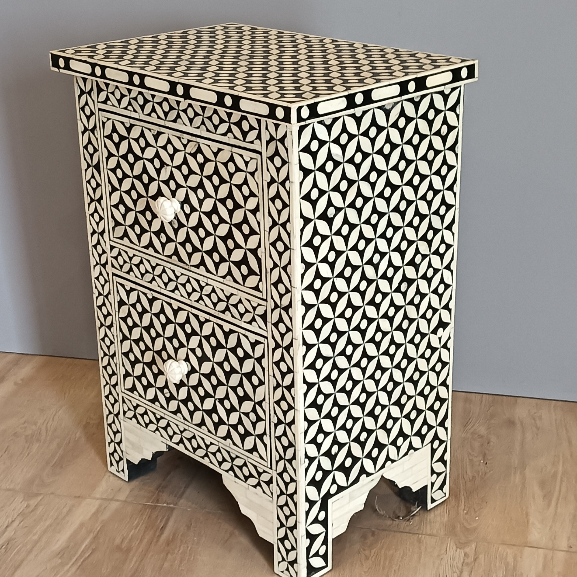 Handmade Bone Inlay Bedside Table with 2 Drawers – Black White Geometric Nightstand, Modern Inlay Furniture, Luxury Bedroom Side Table