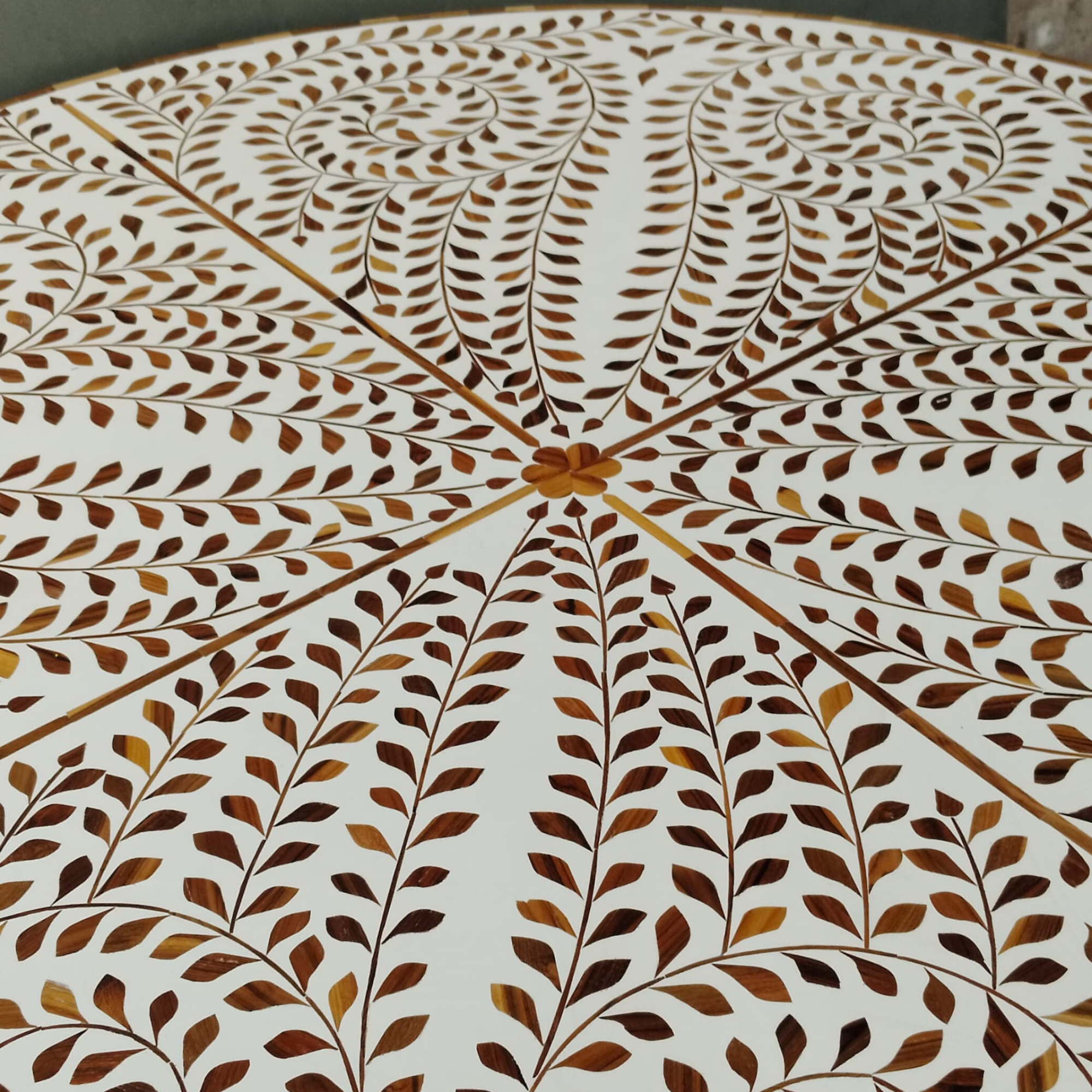 Handmade Bone Inlay Floral Dining Table – Wooden Finish Round Dining Table, Luxury Pedestal Table, Artisan Inlay Furniture