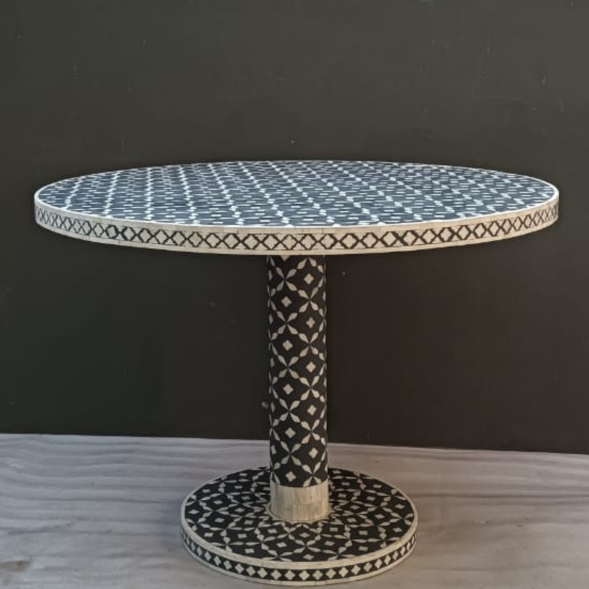 Handmade Bone Inlay Dining Table – Black White Geometric Round Table, Luxury Pedestal Dining Table, Artisan Inlay Furniture