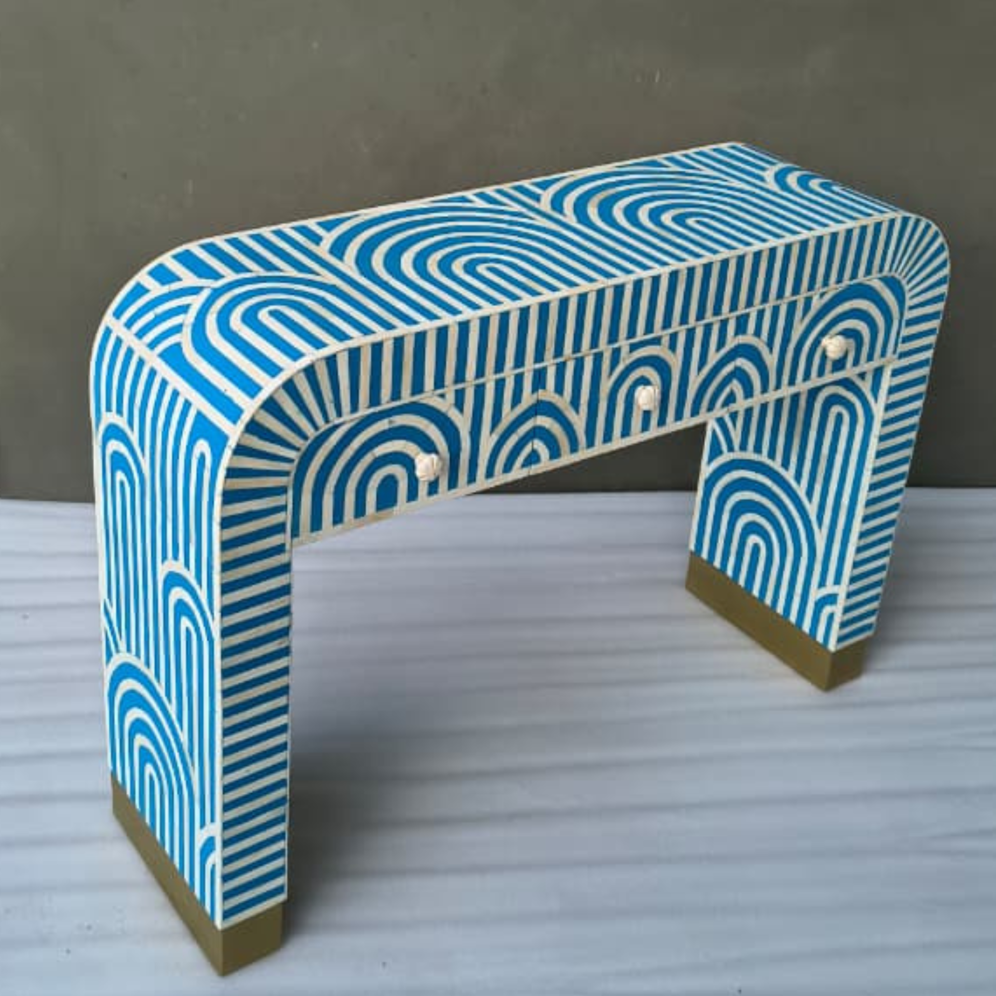 Handmade Bone Inlay 3 Drawer Console Table | Blue Striped Arch Design Entryway Table | Luxury Modern Hallway Furniture