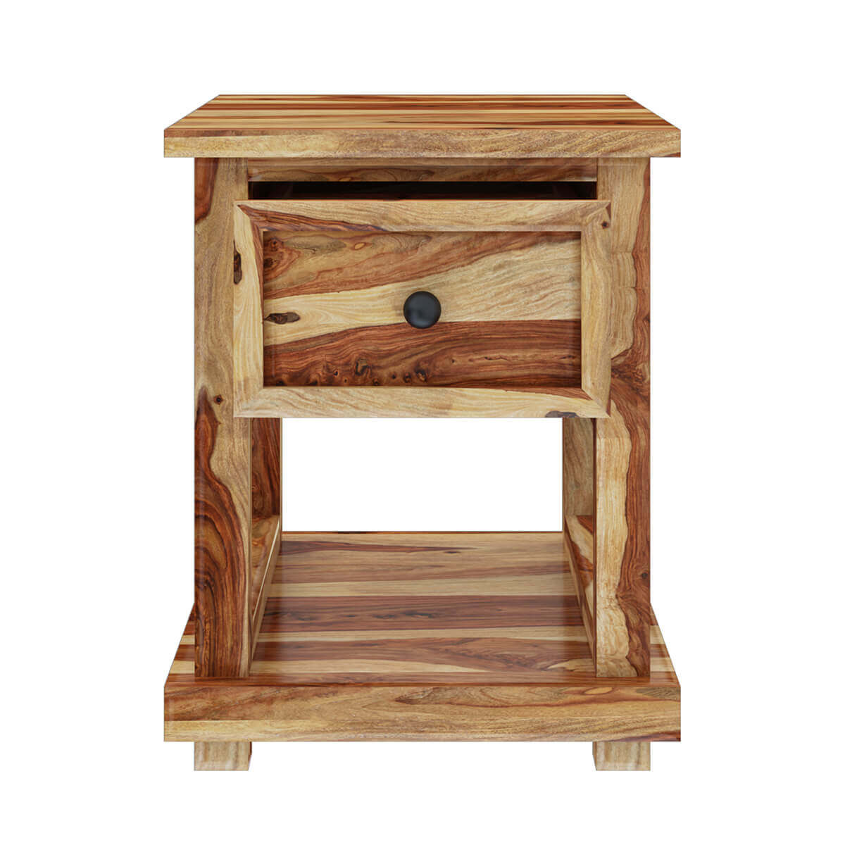 Solid Wood Bedside Table with Drawer & Open Shelf | Rustic Natural Wood Nightstand | Modern Bedroom Side Table