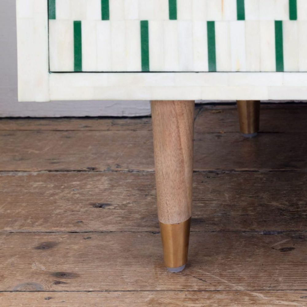 Handmade Bone Inlay Bedside Table Green Stripe Design 2 Drawer Nightstand Modern Wooden Furniture