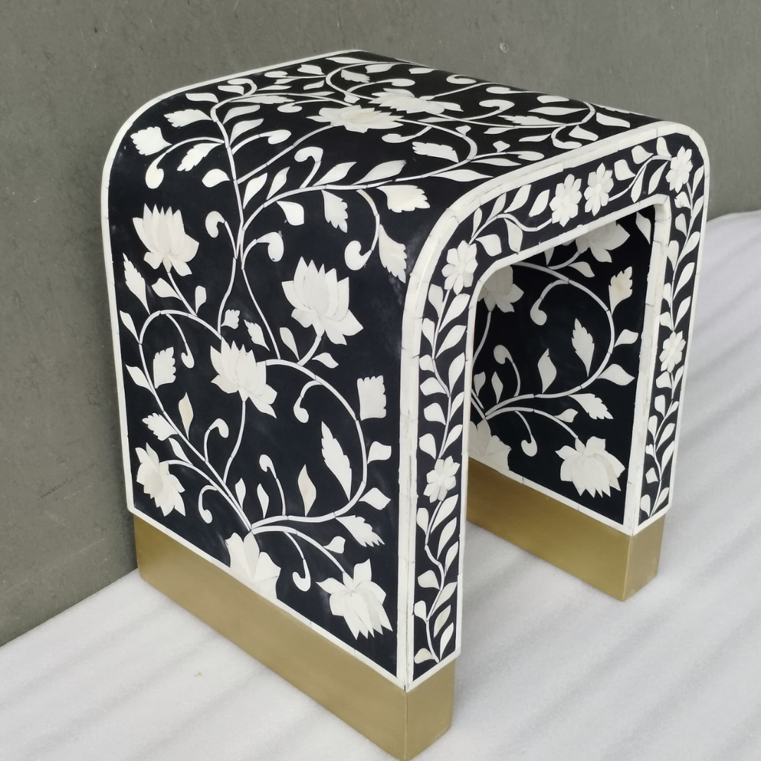 Black Bone Inlay Side Table – Handmade Floral Accent Stool