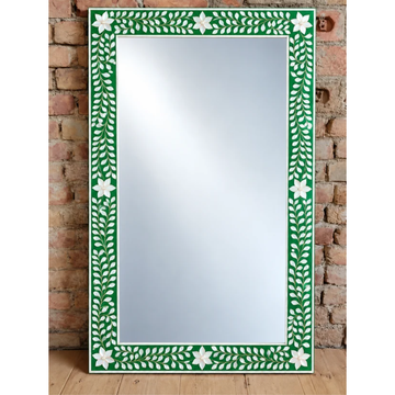 Green Mother of Pearl Inlay Mirror – Handmade Floral Rectangular Wall Mirror