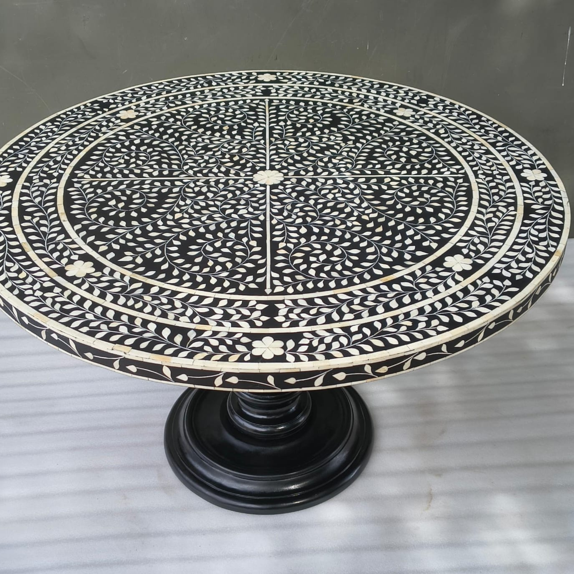 Handmade Bone Inlay Floral Dining Table – Black White Round Dining Table, Luxury Pedestal Table, Artisan Inlay Furniture