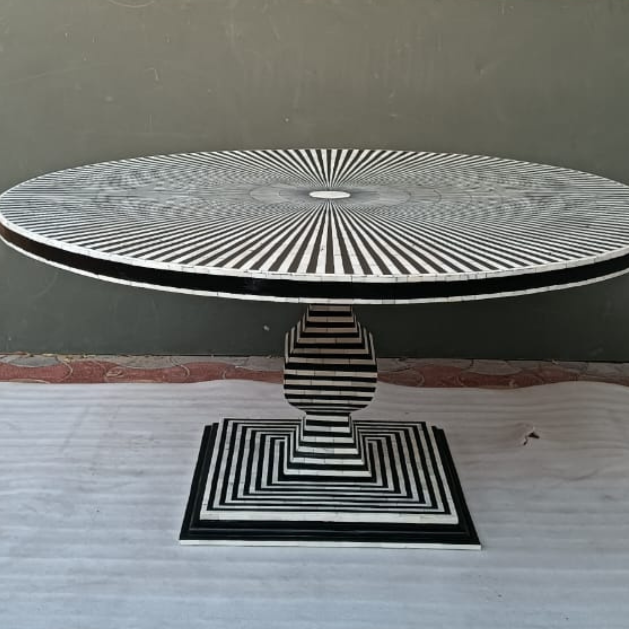 Handmade Bone Inlay Dining Table – Black White Stripe Round Dining Table, Modern Pedestal Table, Luxury Inlay Furniture