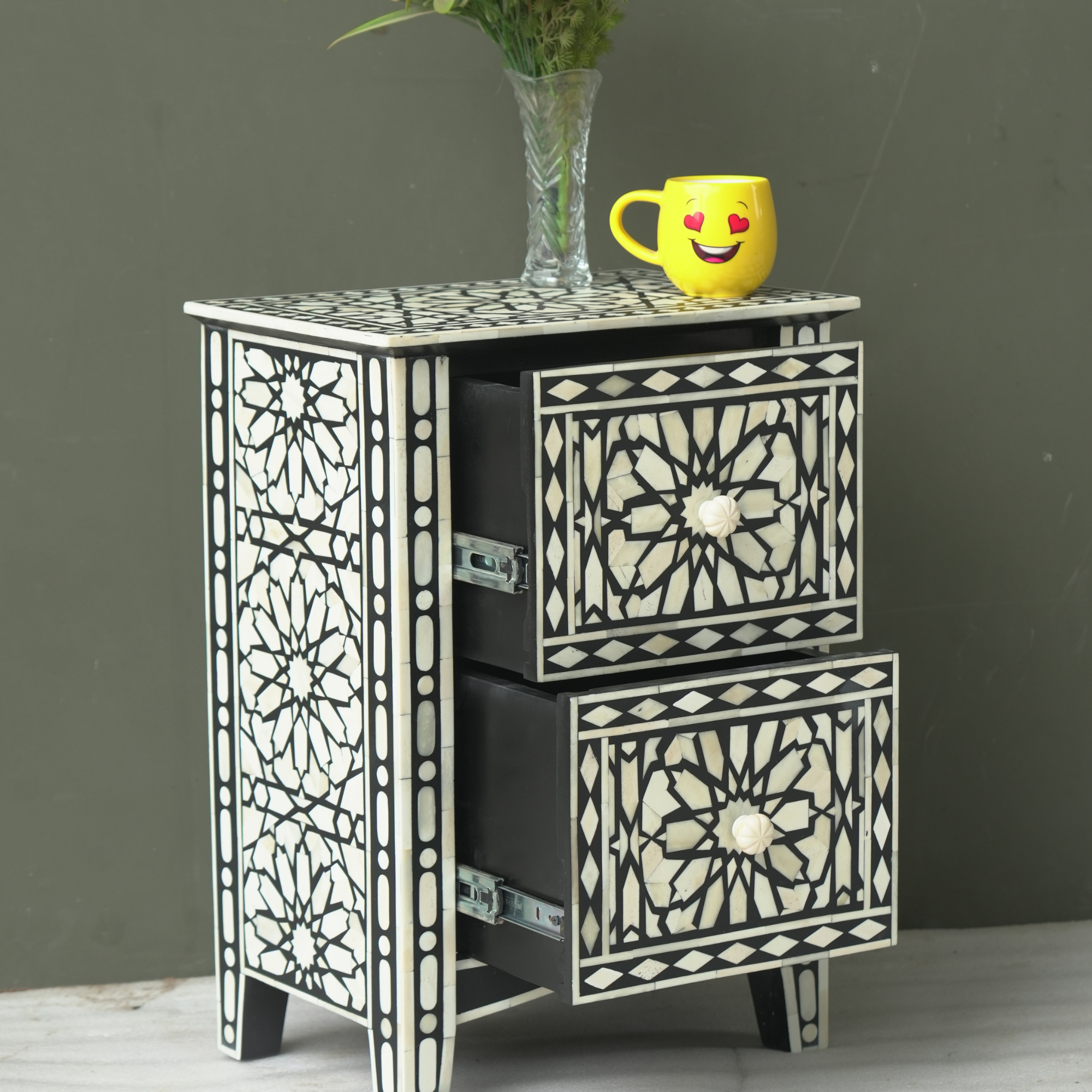 Handmade Bone Inlay Geometric Bedside Table Black White – 2 Drawer Luxury Nightstand Furniture