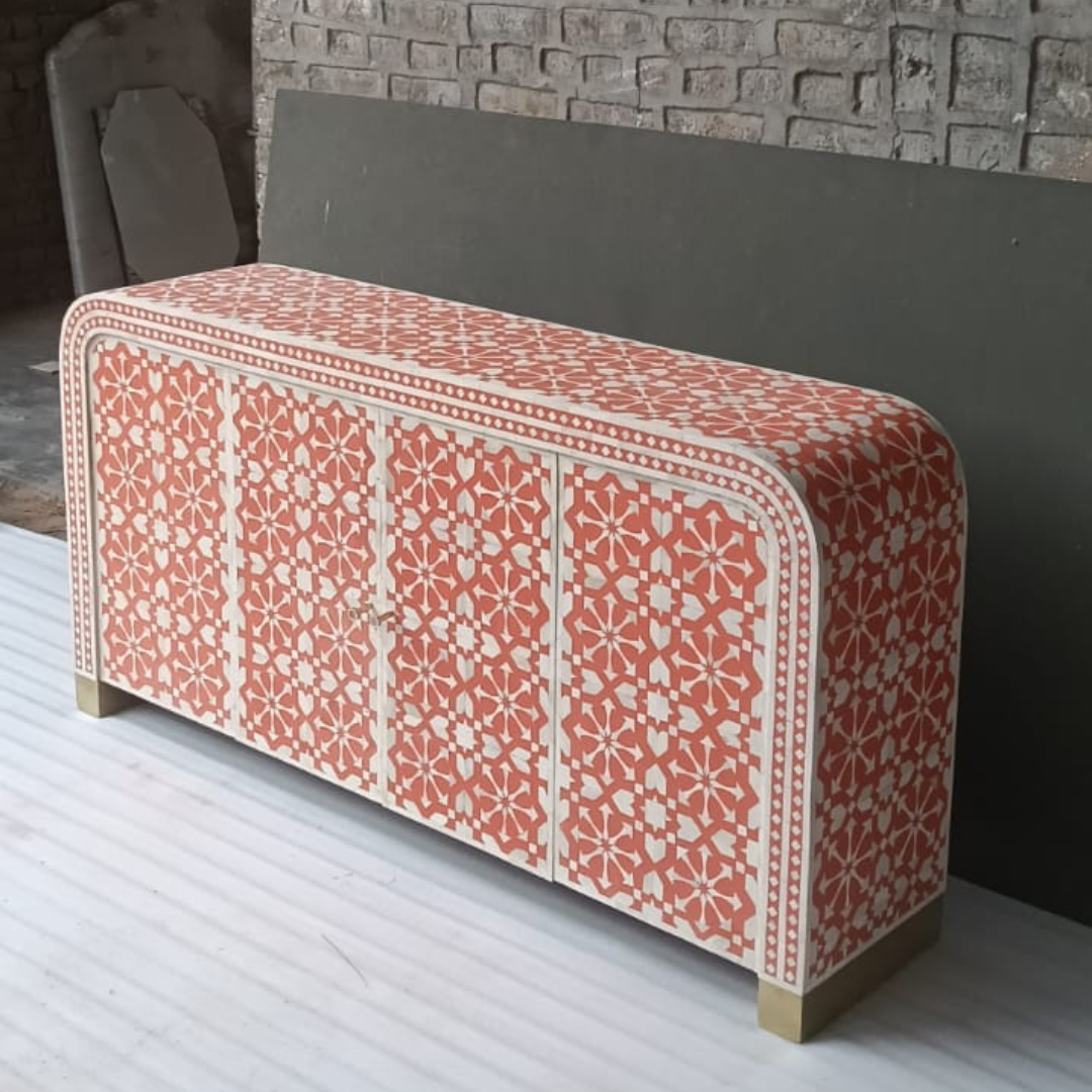 Handmade Bone Inlay Arrow Design Sideboard – Coral White Buffet Cabinet, Luxury Storage Credenza, Artisan Inlay Furniture