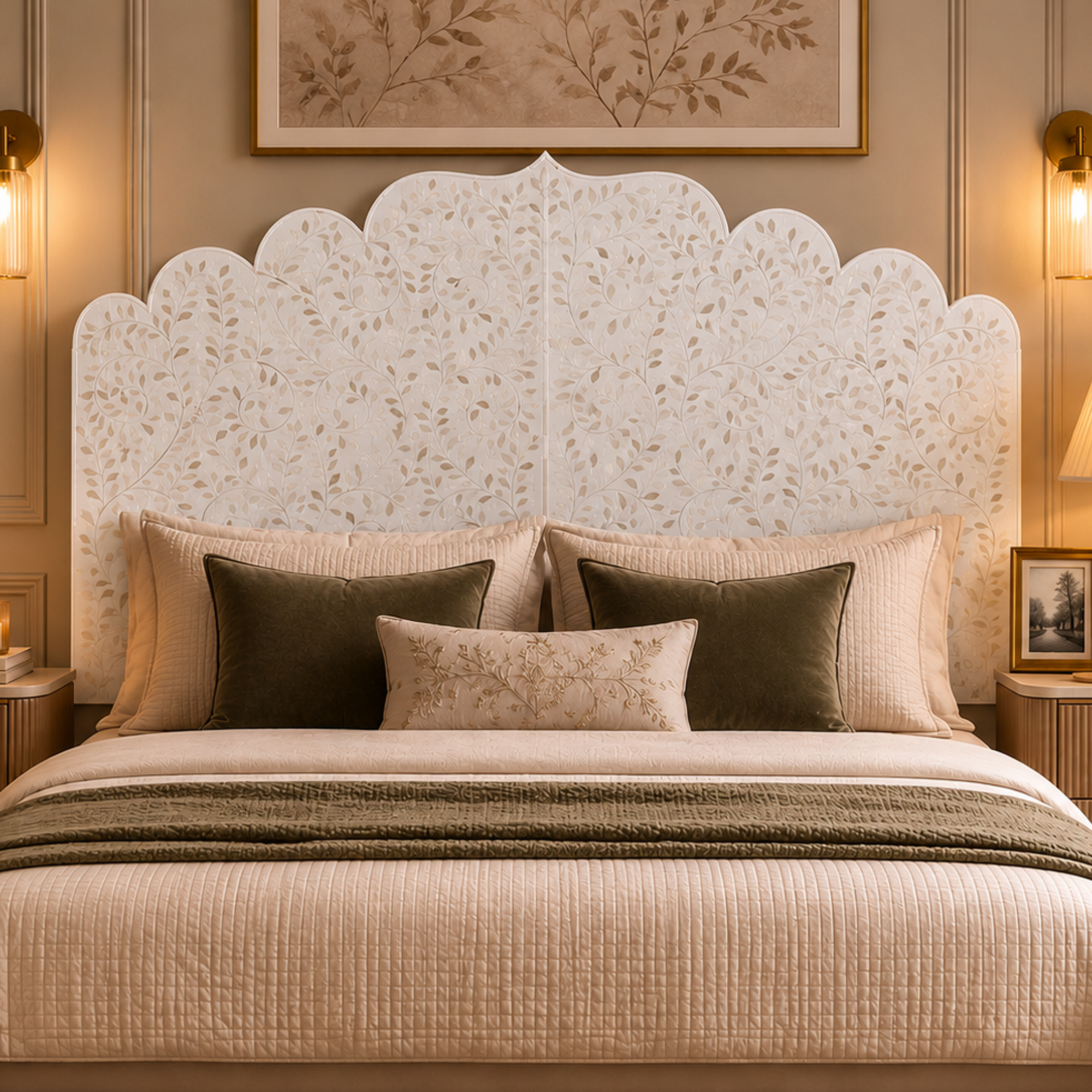 White Floral Bone Inlay Headboard – Handmade Scalloped Luxury Bedhead