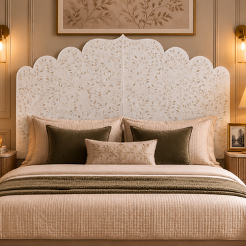 White Floral Bone Inlay Headboard – Handmade Scalloped Luxury Bedhead
