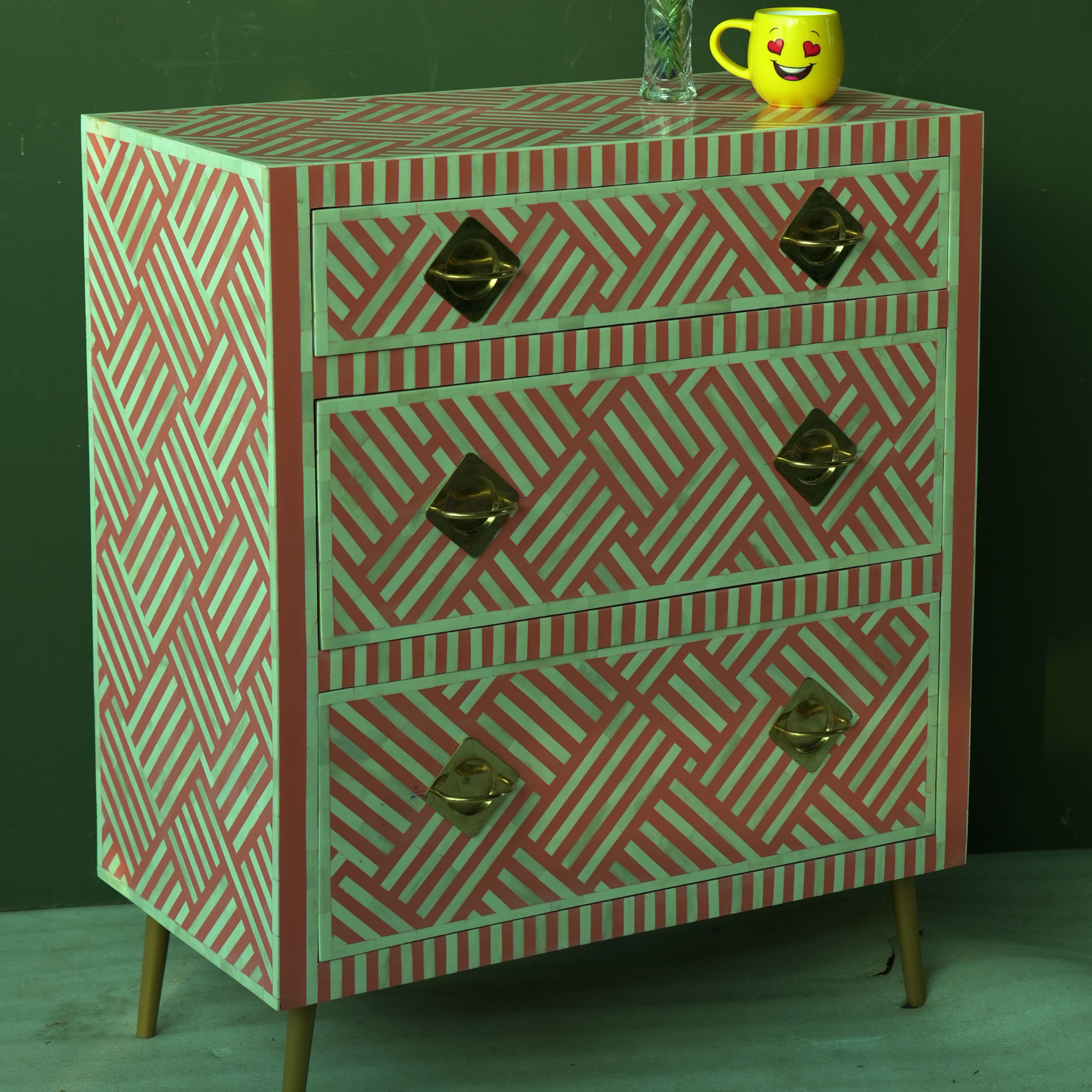 Handmade Bone Inlay Geometric Chest of Drawers Pink Coral – 3 Drawer Storage Cabinet Modern Luxury Furniture