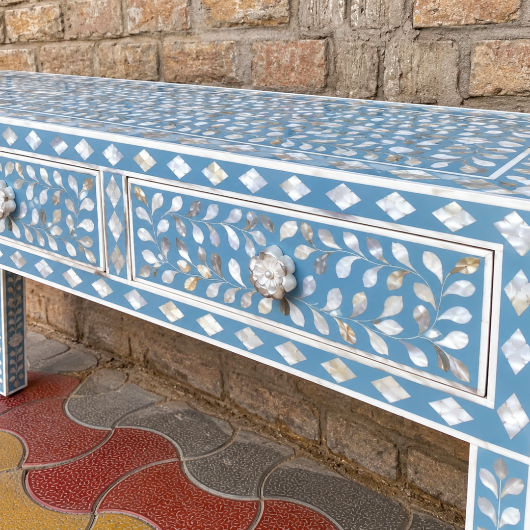 Blue Mother of Pearl Inlay Console Table with 3 Drawers – Handmade Floral Entryway Table