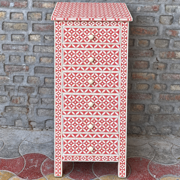 Handmade Red Bone Inlay 6 Drawer Tallboy Chest – Geometric Design