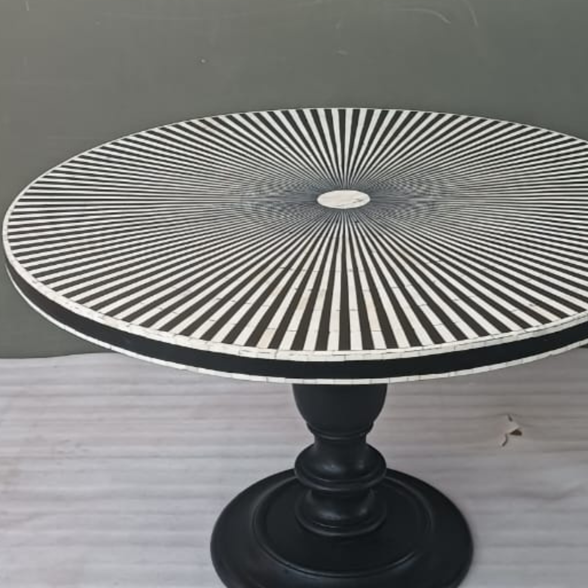 Handmade Black & White Bone Inlay Round Dining Table – Sunburst Pedestal Table