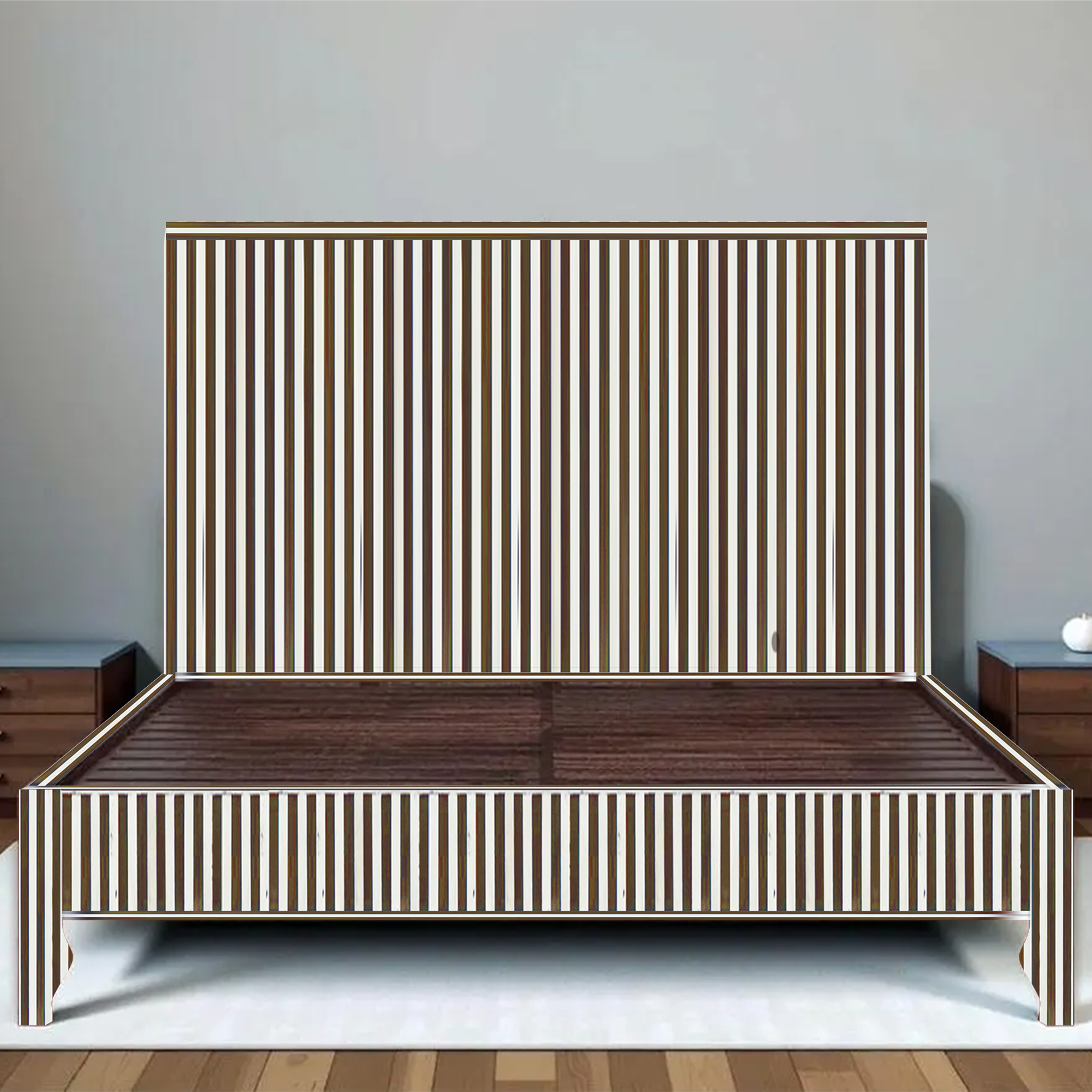 Black White Stripe Bone Inlay Bed Minimal Handmade Modern Platform Bed Frame