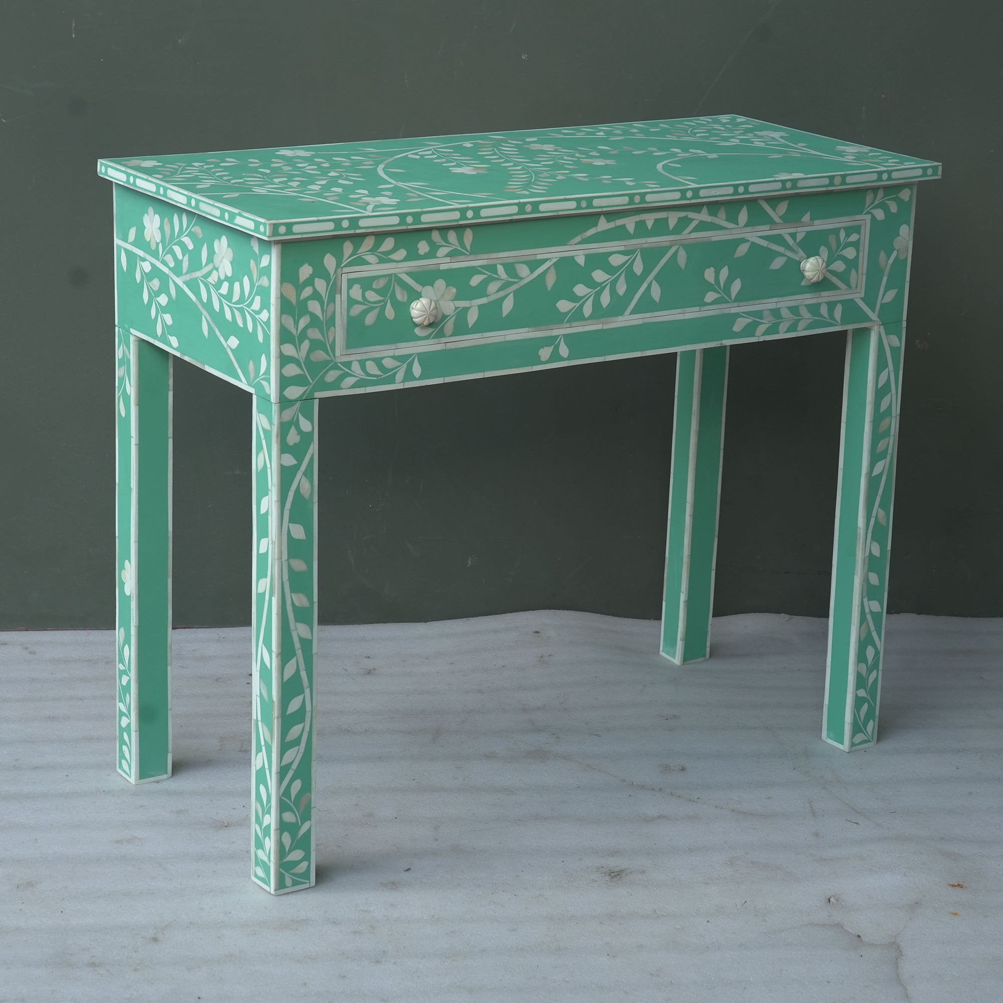 Handmade Bone Inlay Floral Console Table – Green White Entryway Table with Drawer, Luxury Hallway Furniture