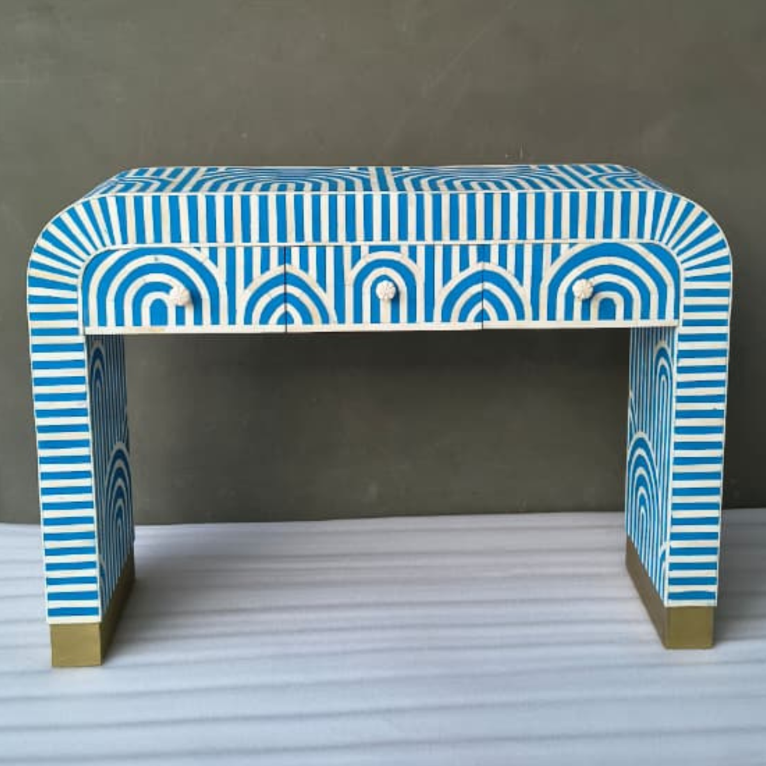 Handmade Bone Inlay 3 Drawer Console Table | Blue Striped Arch Design Entryway Table | Luxury Modern Hallway Furniture