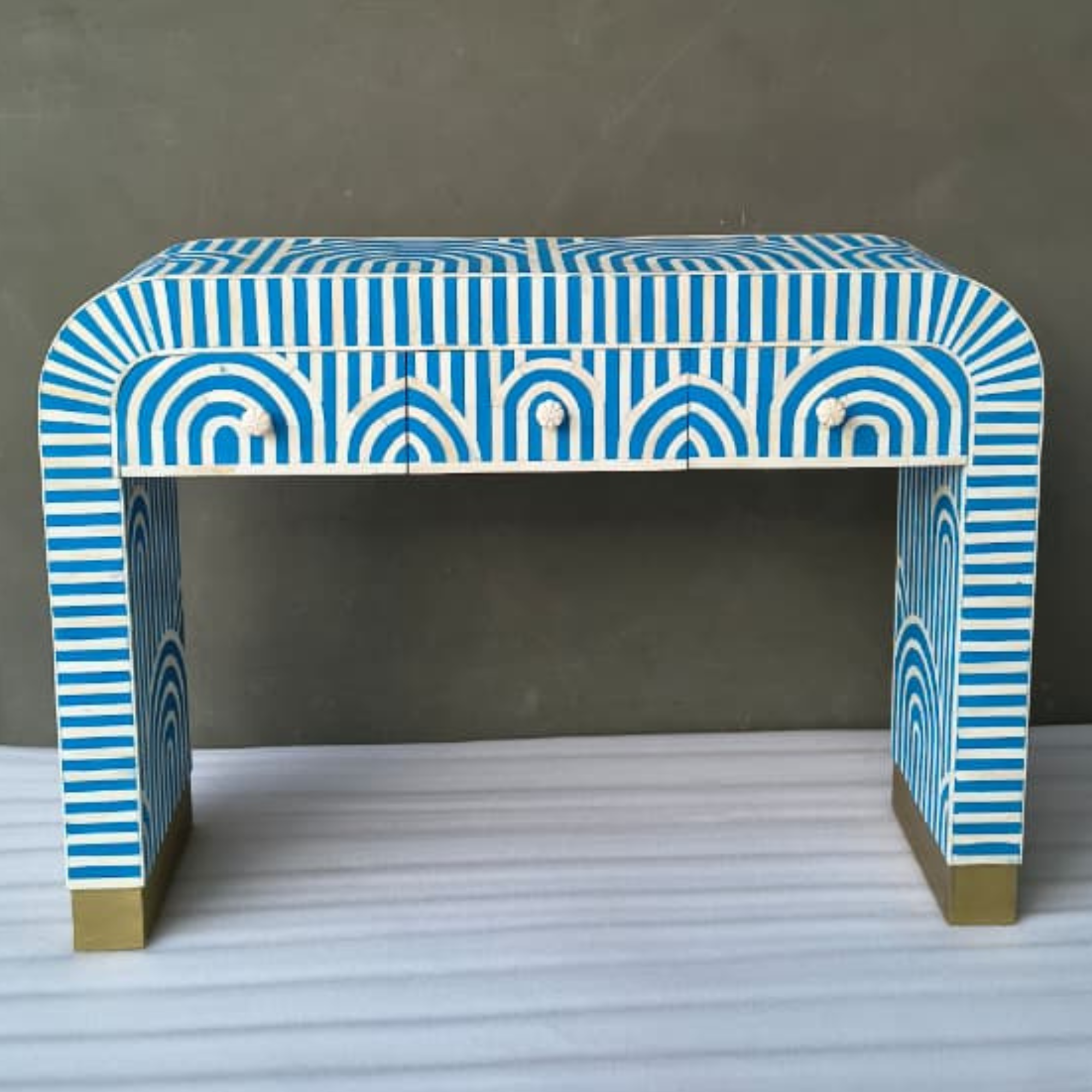 Handmade Bone Inlay 3 Drawer Console Table | Blue Striped Arch Design Entryway Table | Luxury Modern Hallway Furniture