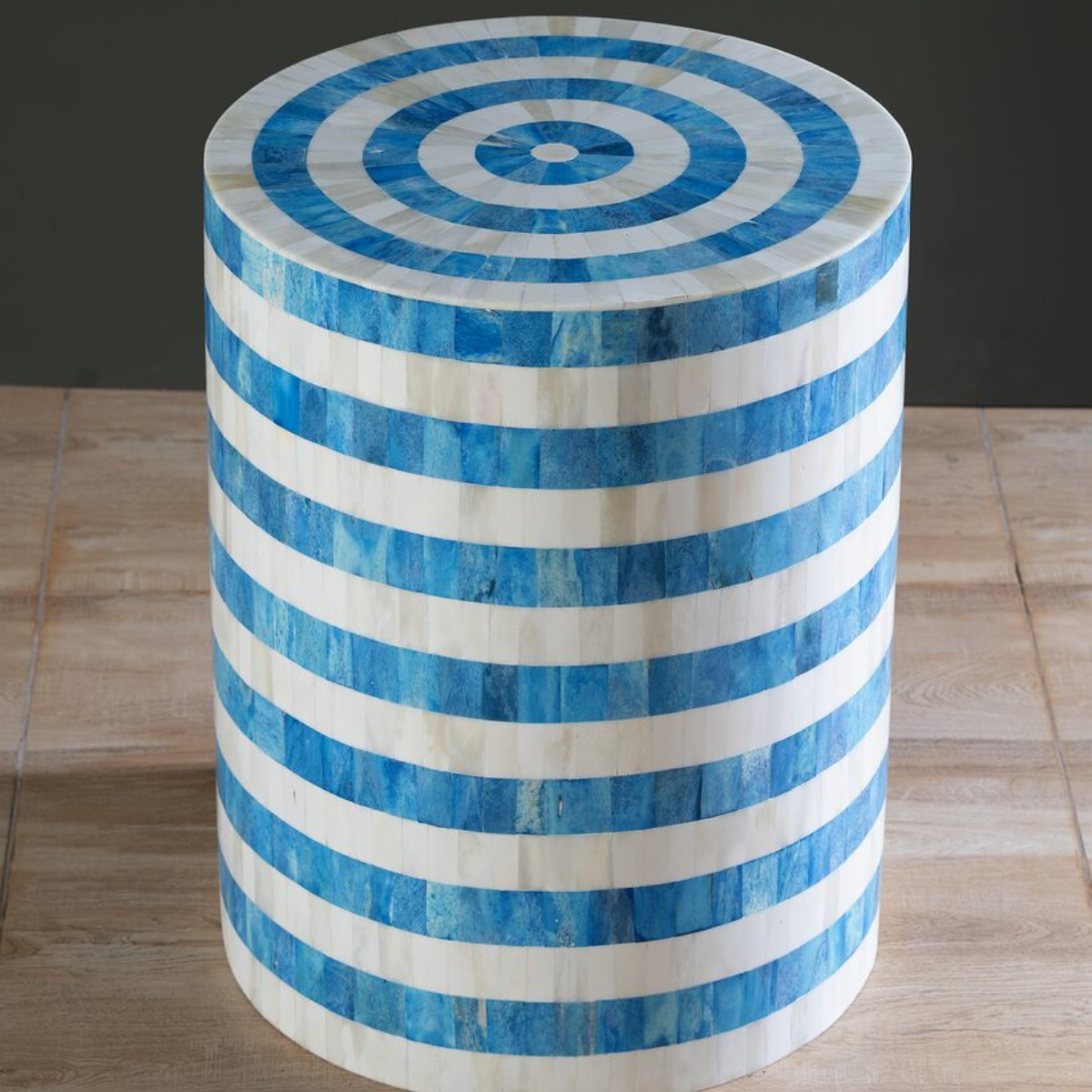 Handmade Blue Stripe Bone Inlay End Table | Round Accent Side Table