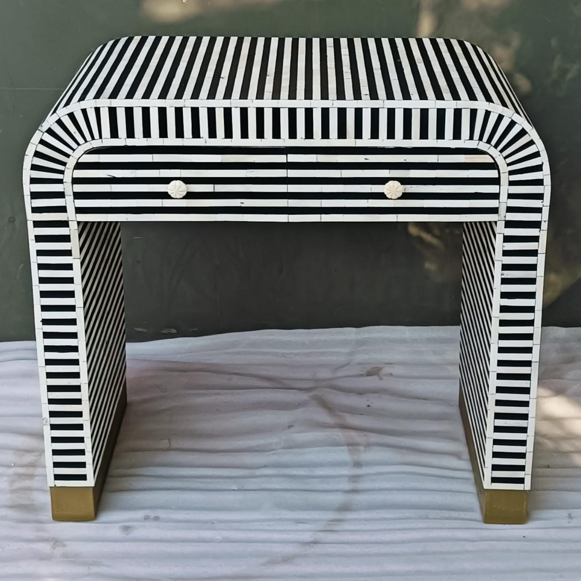 Black & White Striped Bone Inlay Bedside Table | Modern 2 Drawer Nightstand