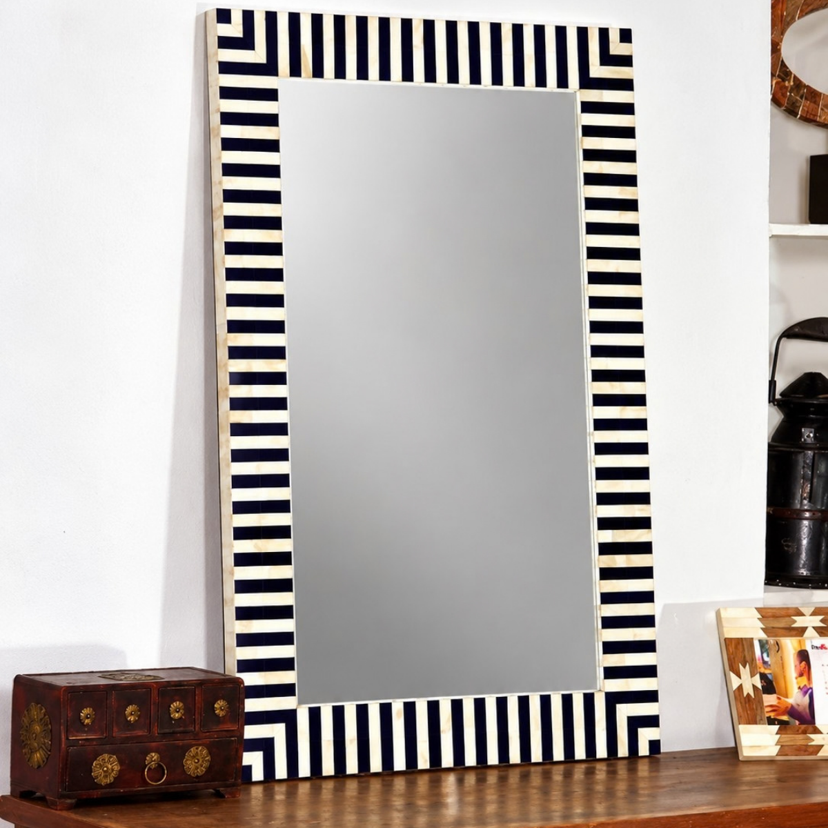 Handmade Black & White Striped Bone Inlay Mirror – Rectangular Wall Mirror