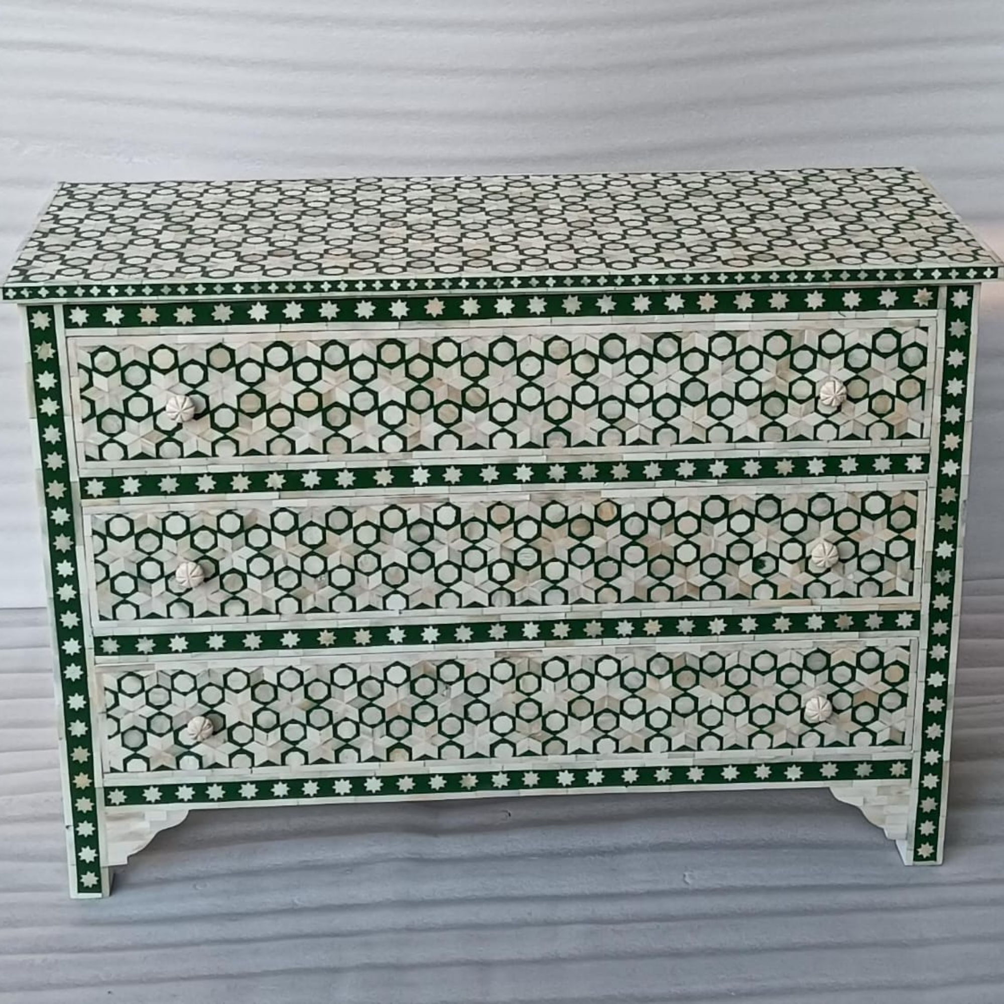Green Geometric Bone Inlay Sideboard Cabinet | Handmade 3 Drawer Storage Sideboard