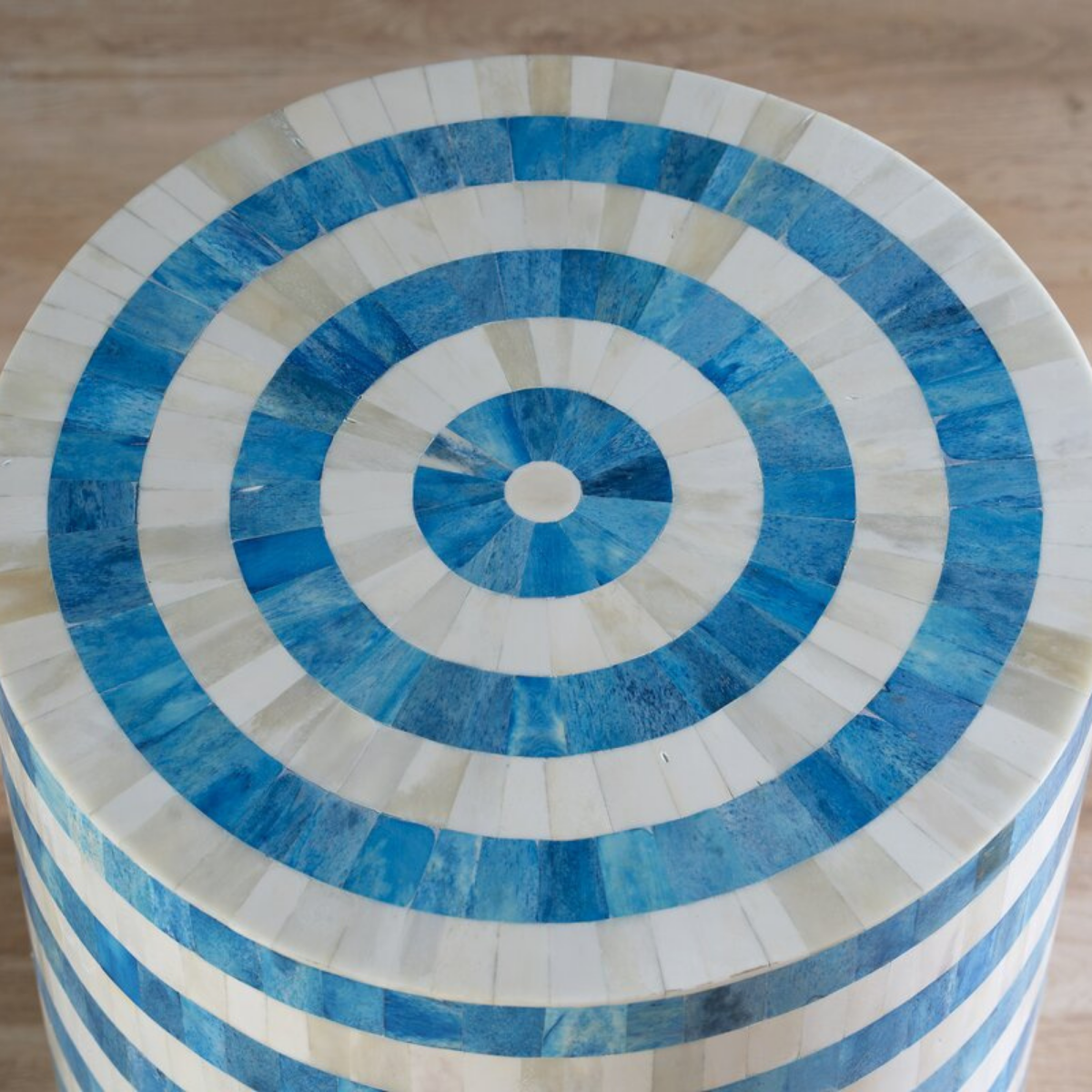 Handmade Blue Stripe Bone Inlay End Table | Round Accent Side Table