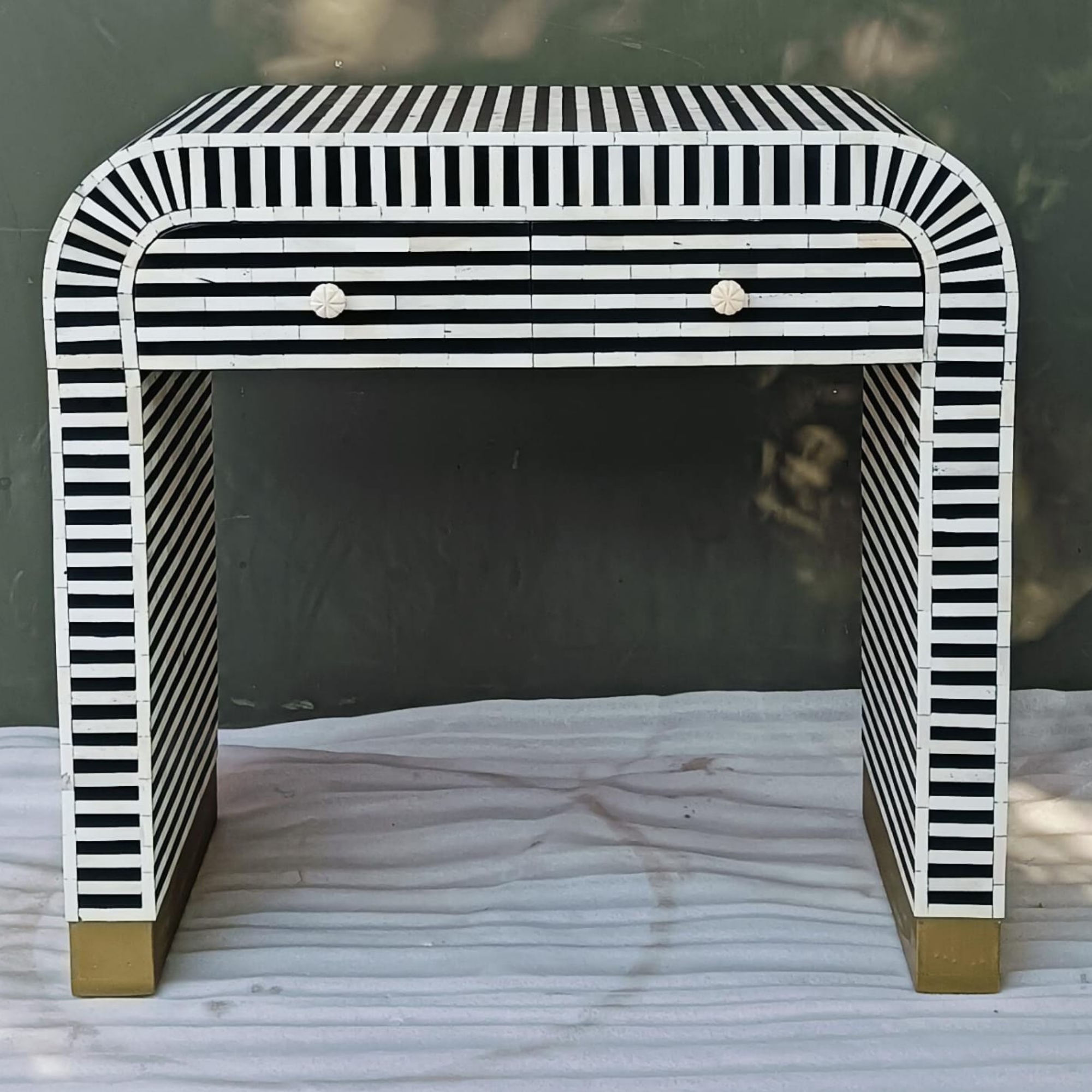 Black & White Striped Bone Inlay Bedside Table | Modern 2 Drawer Nightstand