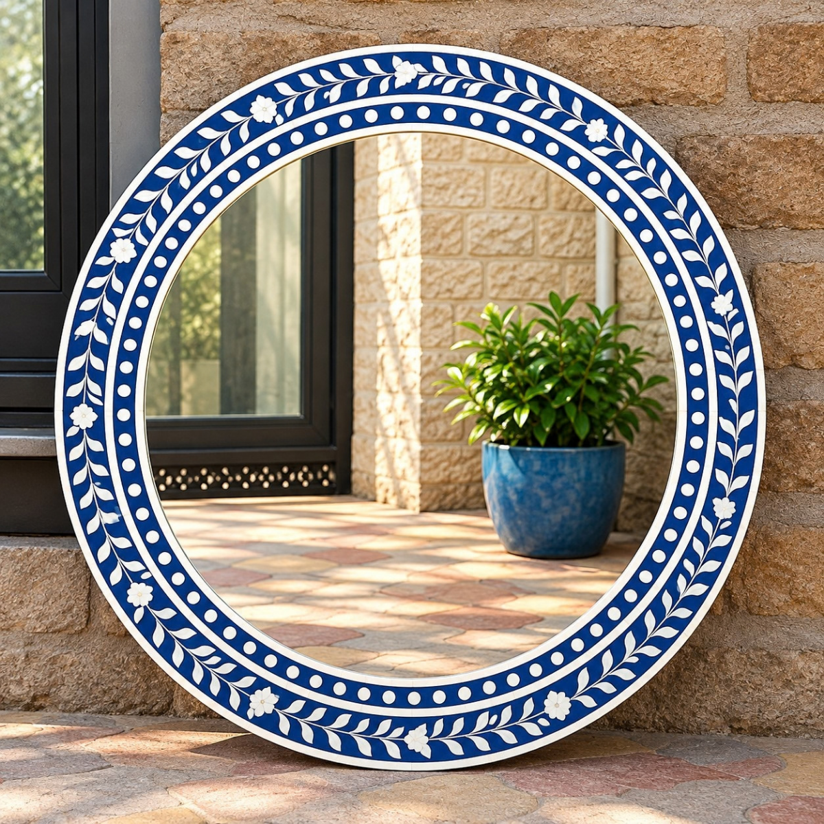 Set of 2 Blue Bone Inlay Round Mirrors – Handmade Floral Wall Mirror Pair