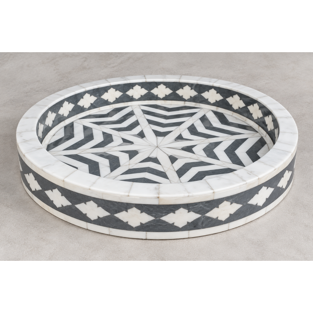 Handmade Round Grey & White Bone Inlay Serving Tray – Star Geometric Design