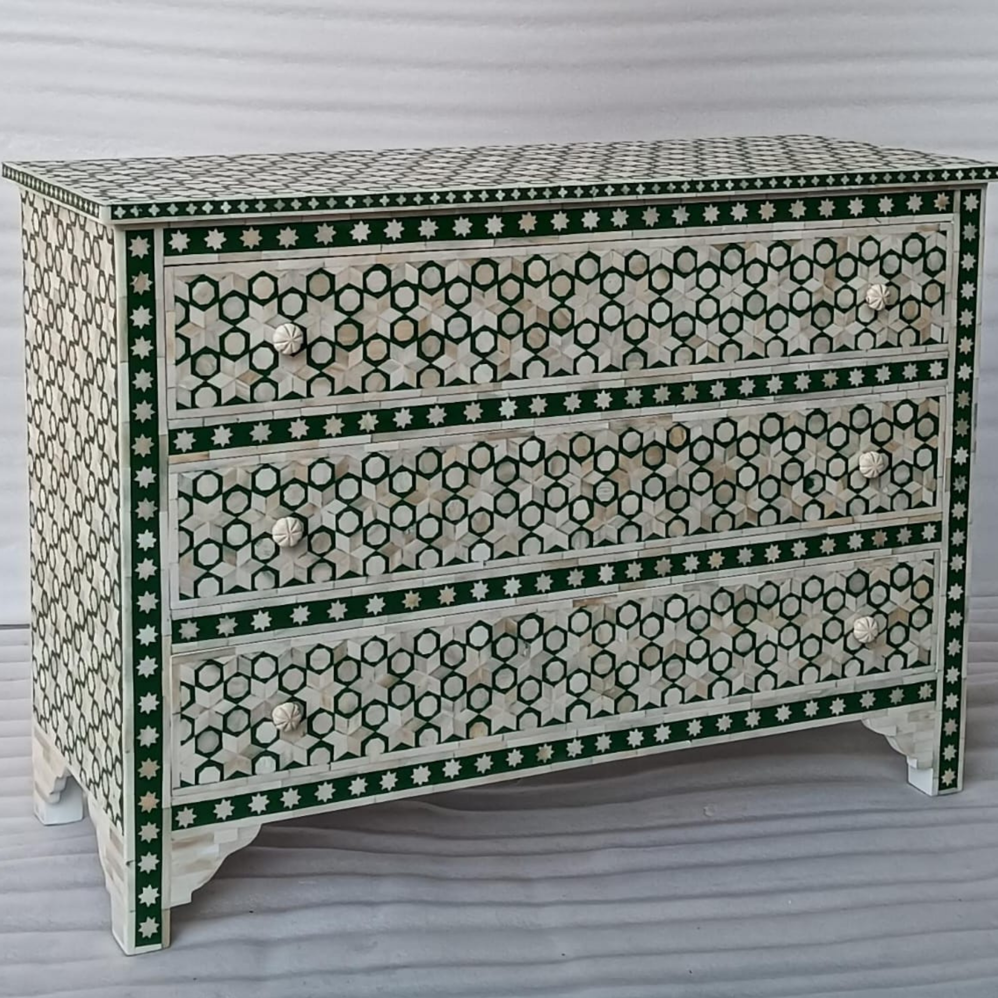 Green Geometric Bone Inlay Sideboard Cabinet | Handmade 3 Drawer Storage Sideboard