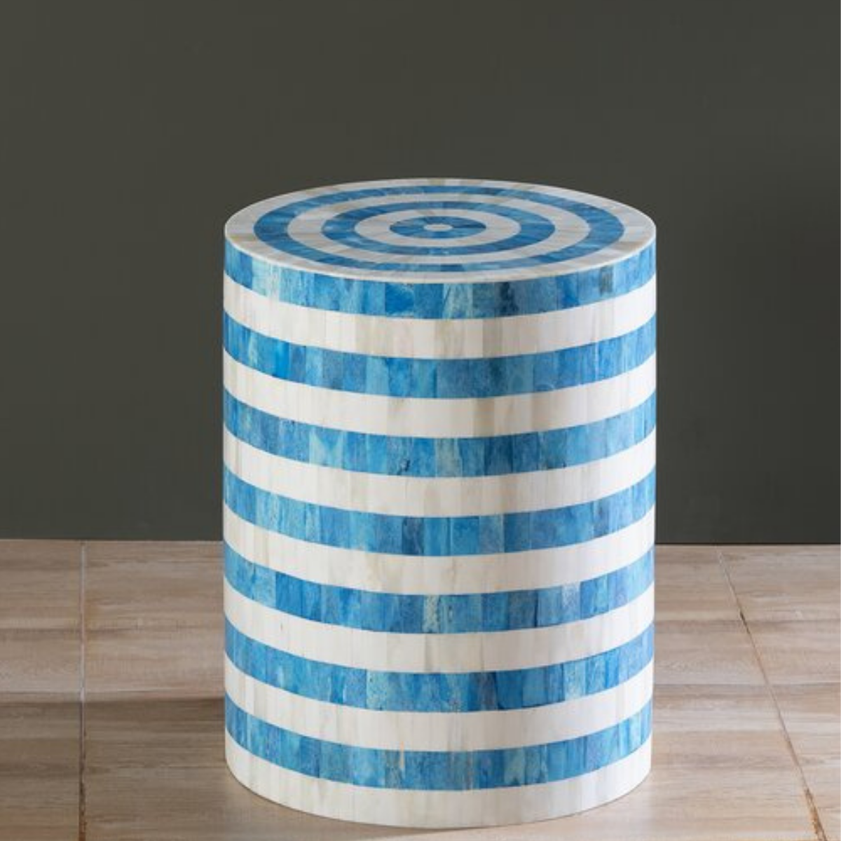 Handmade Blue Stripe Bone Inlay End Table | Round Accent Side Table