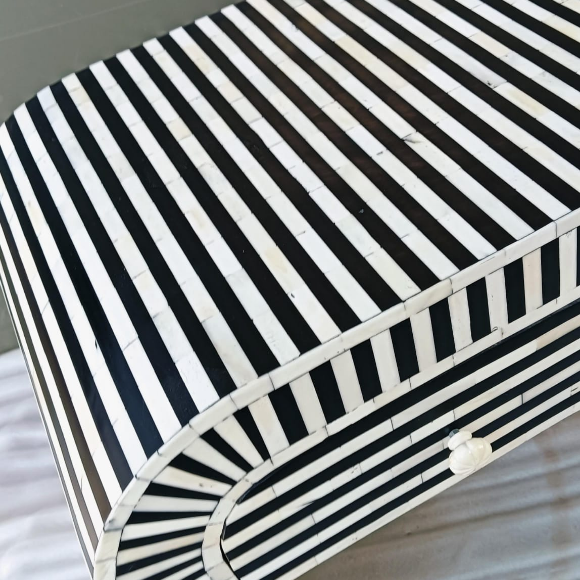 Black & White Striped Bone Inlay Bedside Table | Modern 2 Drawer Nightstand