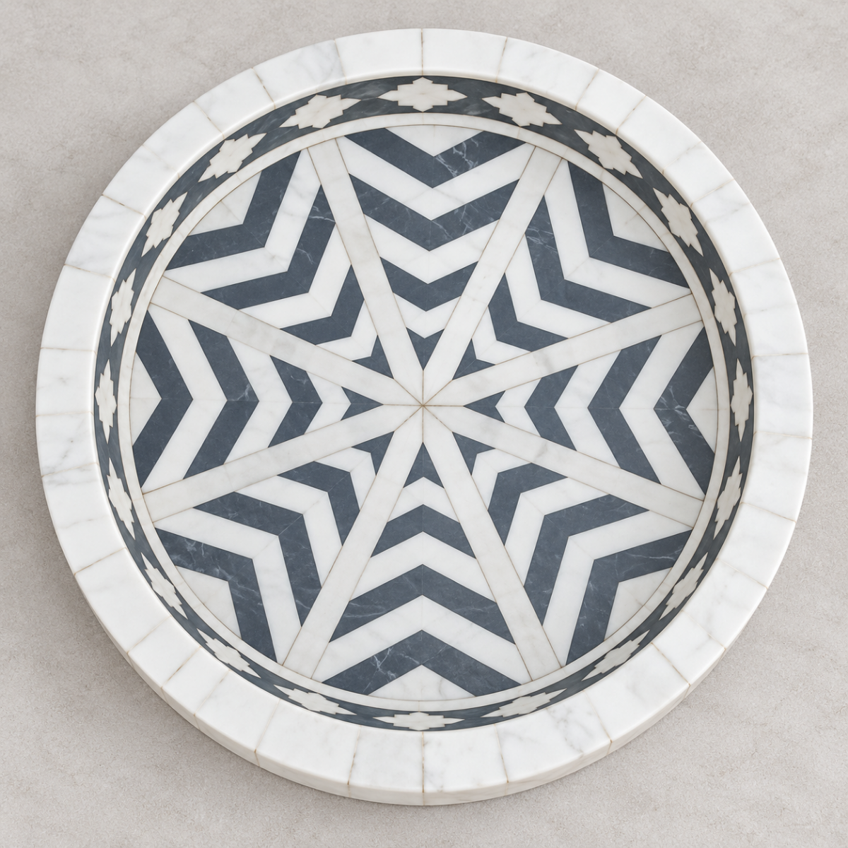 Handmade Round Grey & White Bone Inlay Serving Tray – Star Geometric Design