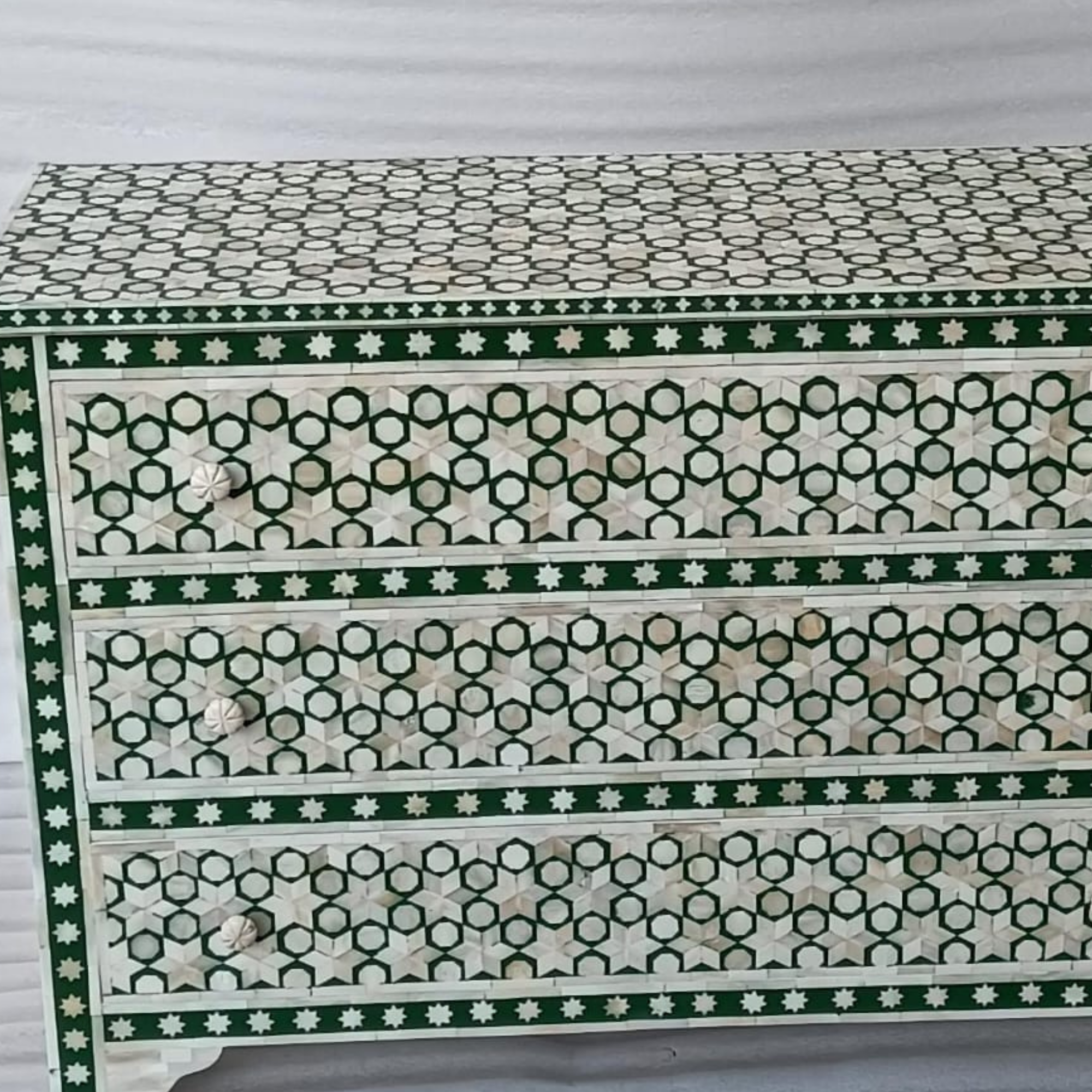 Green Geometric Bone Inlay Sideboard Cabinet | Handmade 3 Drawer Storage Sideboard