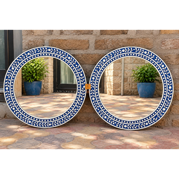 Set of 2 Blue Bone Inlay Round Mirrors – Handmade Floral Wall Mirror Pair