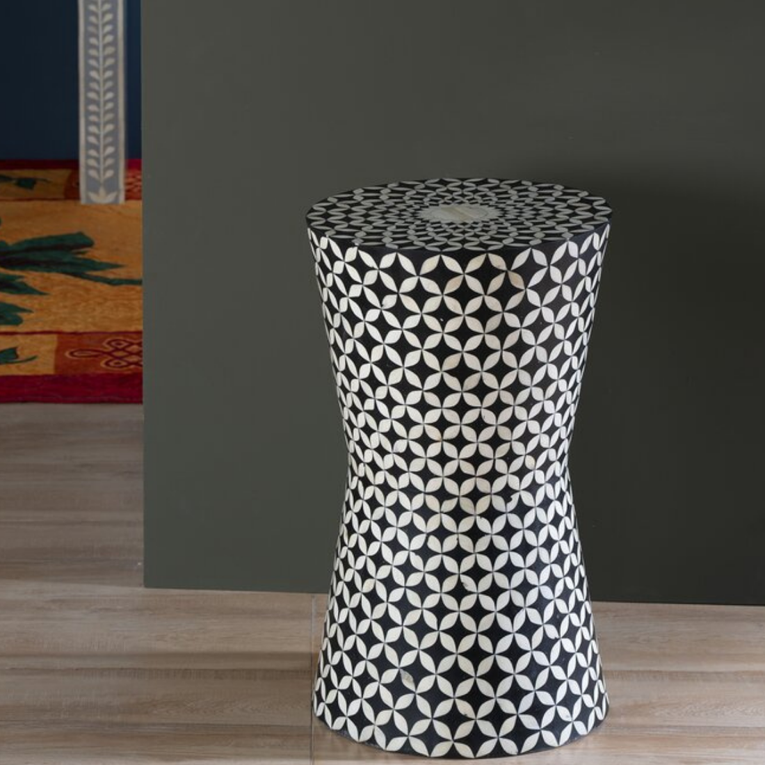 Black Geometric Bone Inlay End Table | Handmade Hourglass Accent Side Table